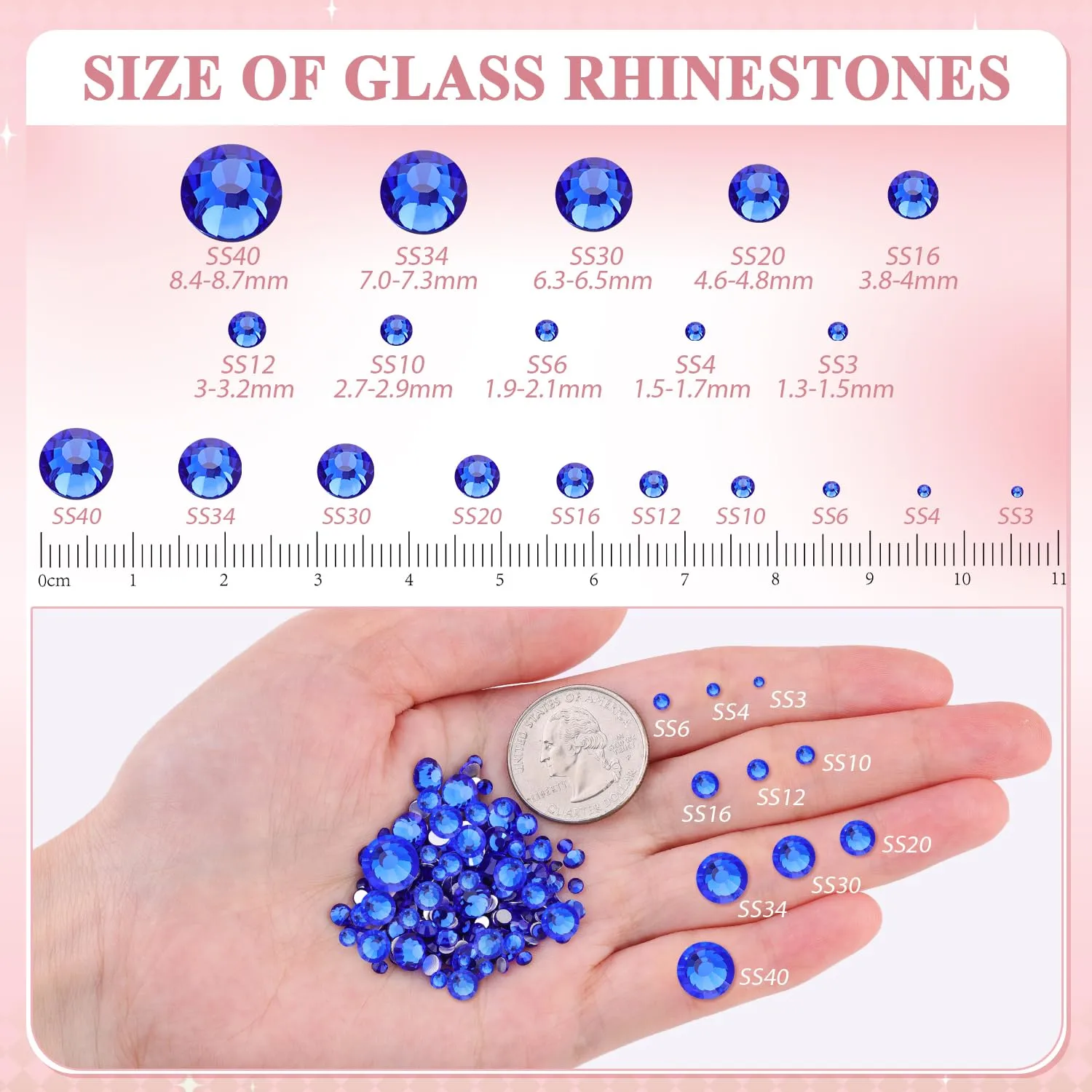 3000PCS SS12/3mm Crystal Rhinestones (Blue/Sapphire), Bedazzling Flatback Glass Rhinestones for Crafting DIY Nail Art Makeup Decoration, Gems Diomand Charms for Tumbler Shoes Clothing Mug