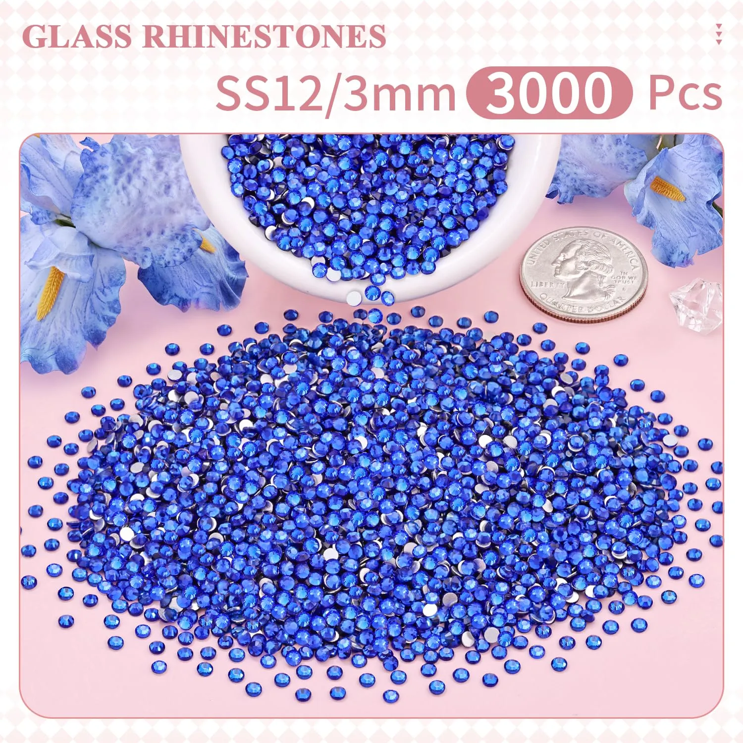 3000PCS SS12/3mm Crystal Rhinestones (Blue/Sapphire), Bedazzling Flatback Glass Rhinestones for Crafting DIY Nail Art Makeup Decoration, Gems Diomand Charms for Tumbler Shoes Clothing Mug