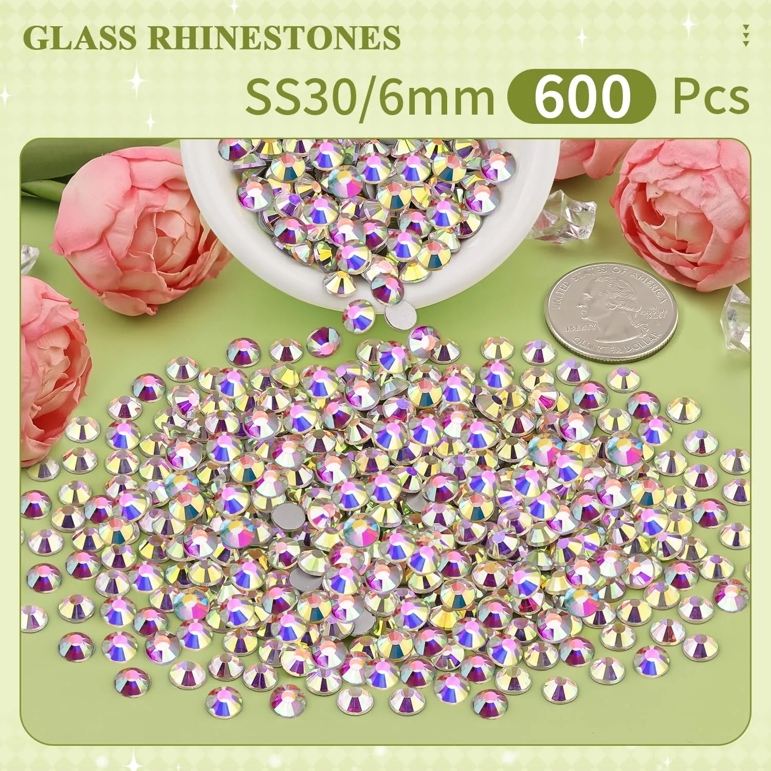 600PCS SS30/6mm Crystal Rhinestones (Crystal AB), Bedazzling Flatback Glass Rhinestones for Crafting DIY Nail Art Makeup Decoration, Gems Diomand Charms for Tumbler Shoes Clothing Mug
