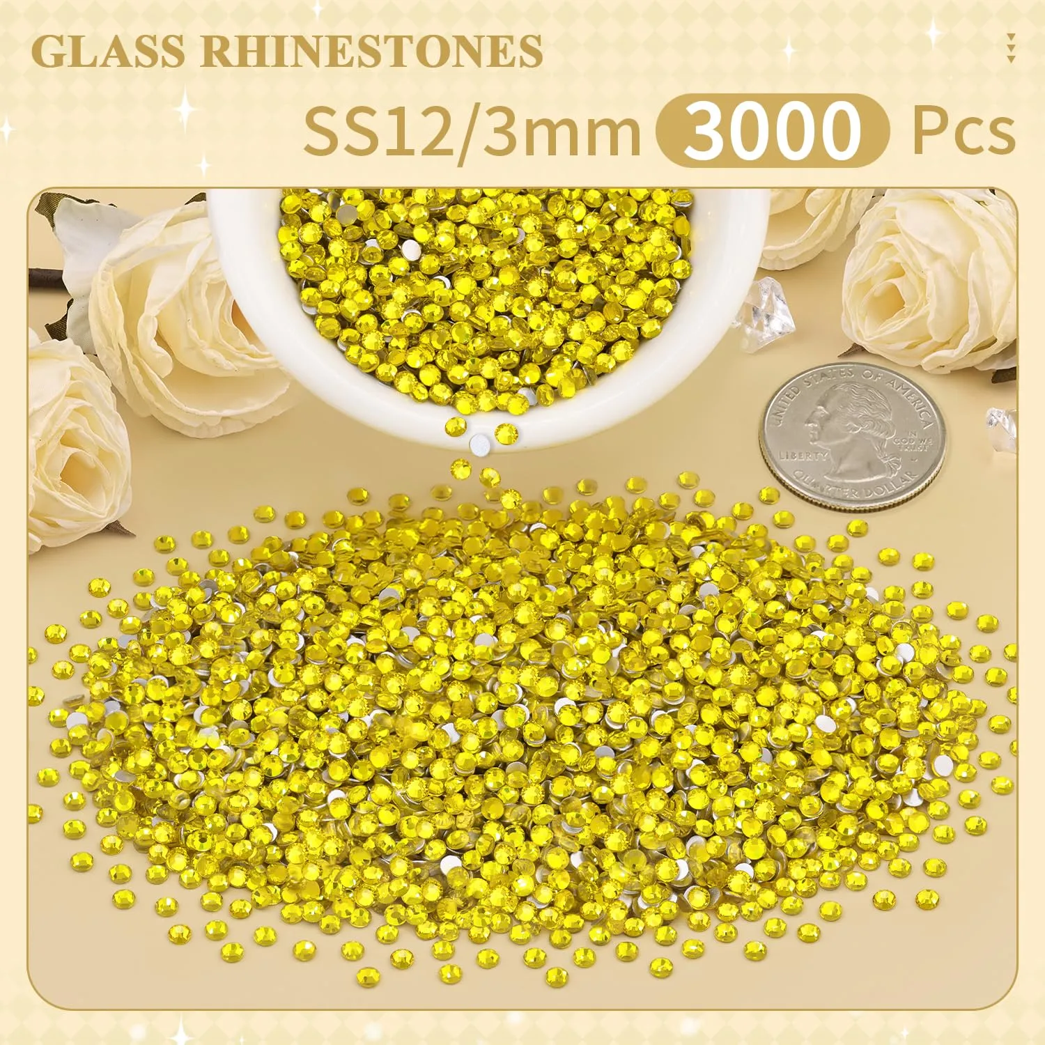 3000PCS SS12/3mm Crystal Rhinestones (Lemon Yellow), Bedazzling Flatback Glass Rhinestones for Crafting DIY Nail Art Makeup Decoration, Gems Diomand Charms for Tumbler Shoes Clothing Mug