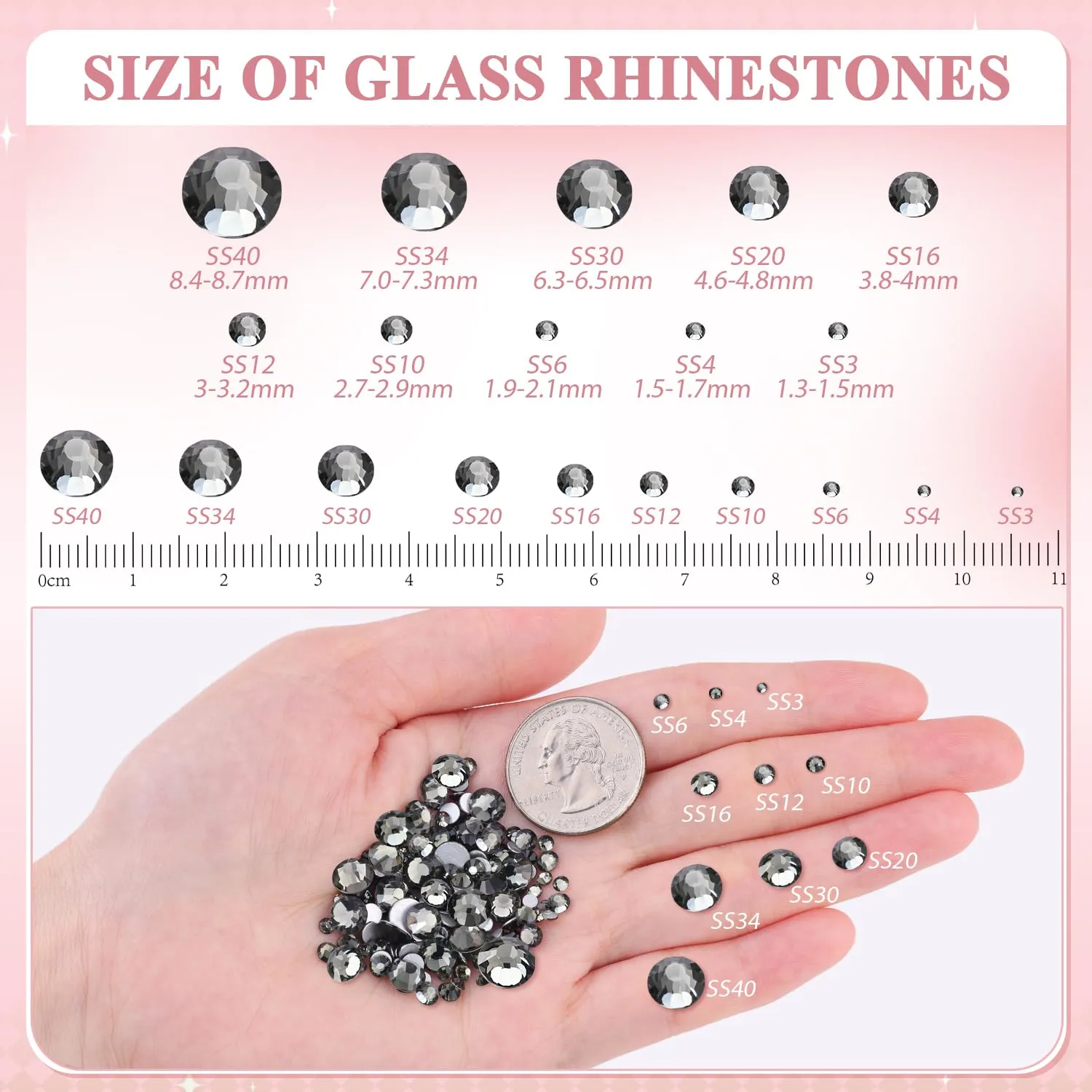 2000PCS SS12/3mm Crystal Rhinestones (Black Diamond), Bedazzling Flatback Glass Rhinestones for Crafting DIY Nail Art Makeup Decoration, Gems Diomand Charms for Tumbler Shoes Clothing Mug