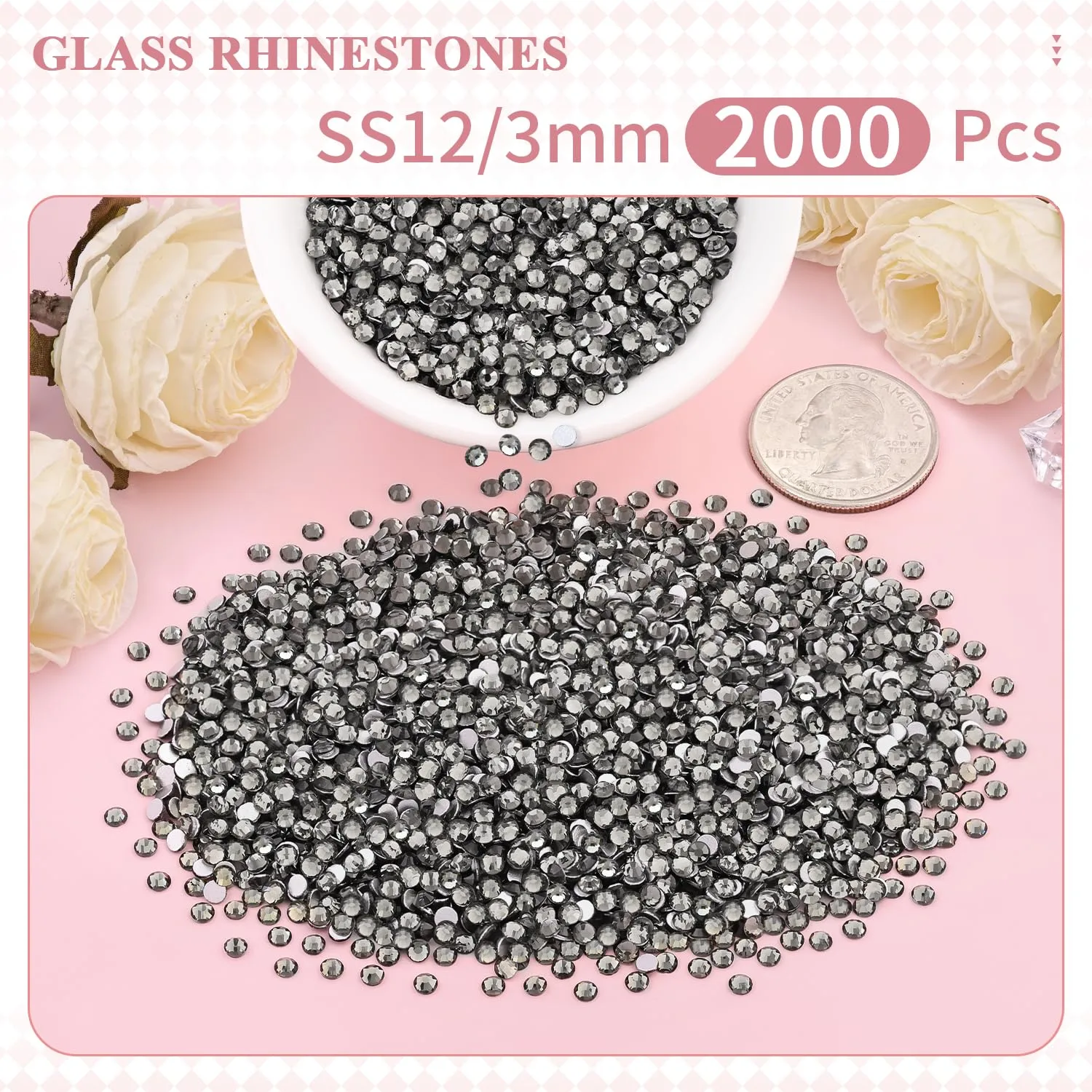 2000PCS SS12/3mm Crystal Rhinestones (Black Diamond), Bedazzling Flatback Glass Rhinestones for Crafting DIY Nail Art Makeup Decoration, Gems Diomand Charms for Tumbler Shoes Clothing Mug