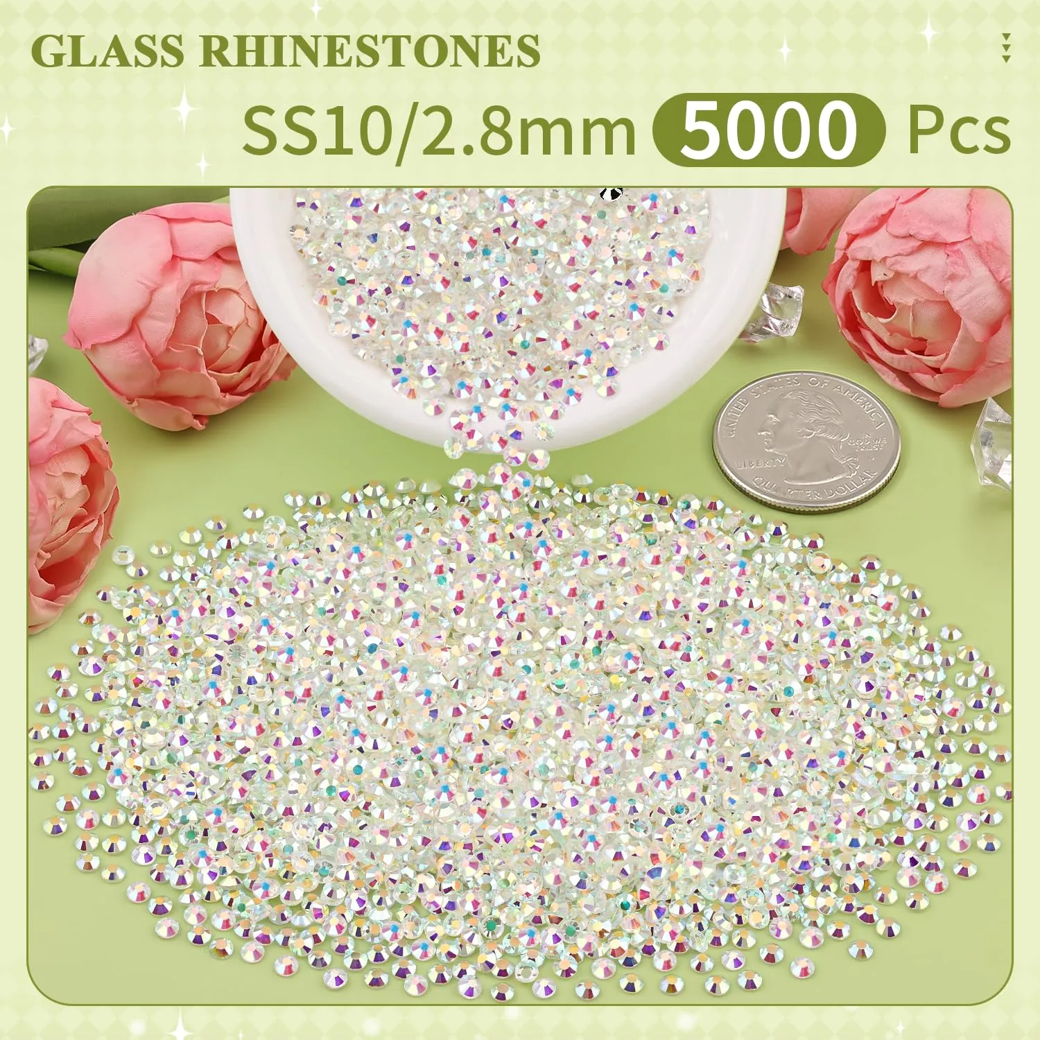 5000PCS SS10/2.8mm Crystal Rhinestones (Transparent AB), Bedazzling Flatback Glass Rhinestones for Crafting DIY Nail Art Makeup Decoration, Gems Diomand Charms for Tumbler Shoes Clothing Mug