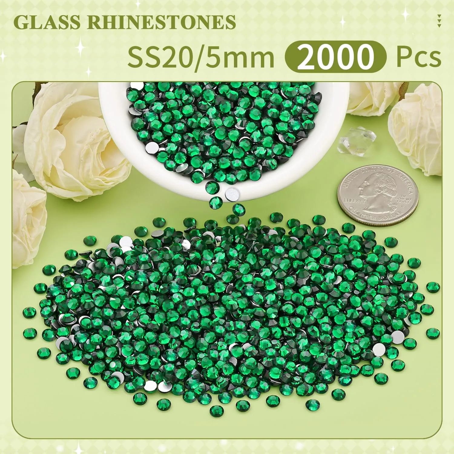 2000PCS SS20/5mm Crystal Rhinestones (Emerald Green), Bedazzling Flatback Glass Rhinestones for Crafting DIY Nail Art Makeup Decoration, Gems Diomand Charms for Tumbler Shoes Clothing Mug