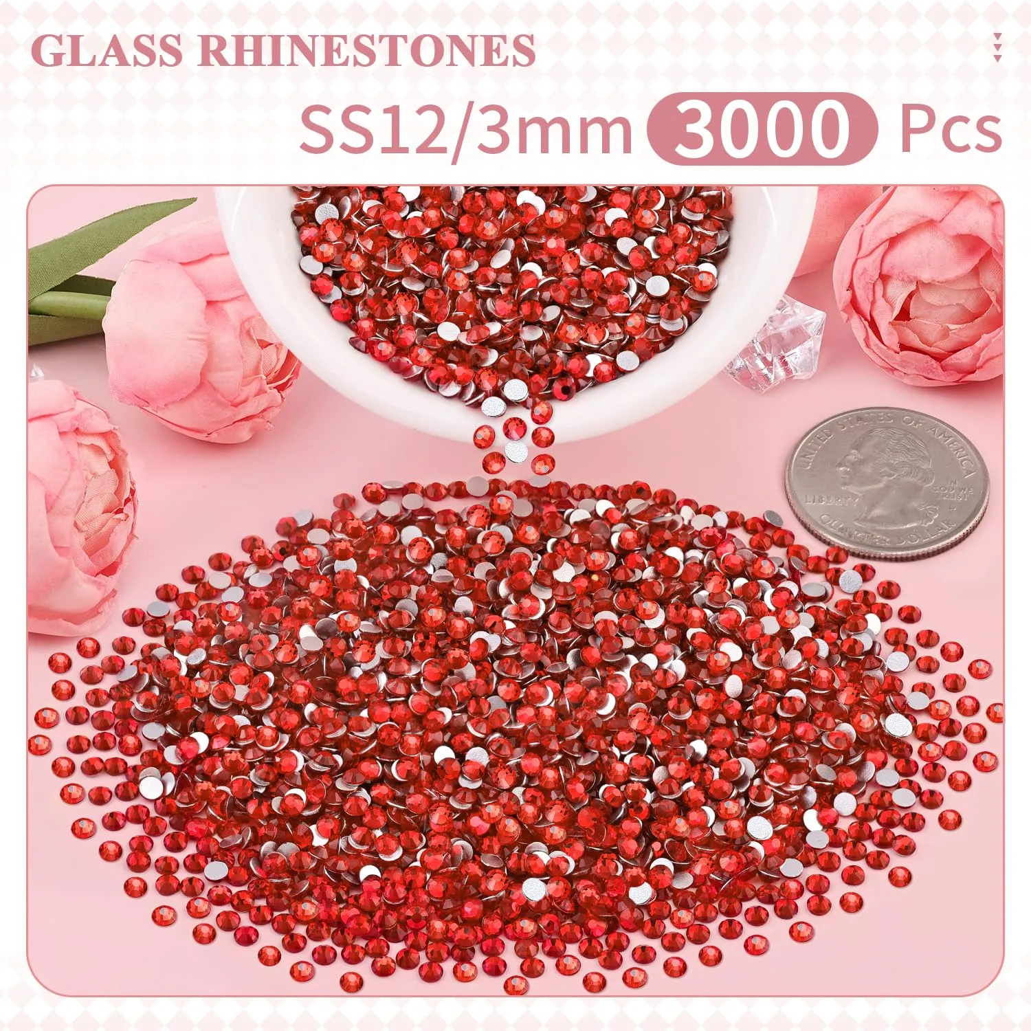 3000PCS SS12/3mm Crystal Rhinestones (Light Red/Light Siam), Bedazzling Flatback Glass Rhinestones for Crafting DIY Nail Art Makeup Decoration, Gems Diomand Charms for Tumbler Shoes Clothing Mug