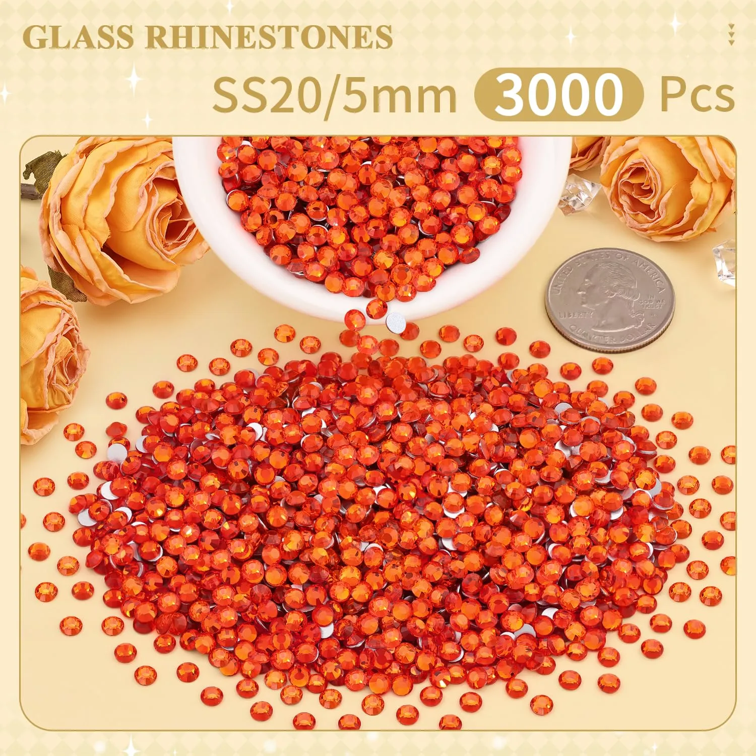 3000PCS SS20/5mm Crystal Rhinestones (Orange/Hyacinth), Bedazzling Flatback Glass Rhinestones for Crafting DIY Nail Art Makeup Decoration, Gems Diomand Charms for Tumbler Shoes Clothing Mug