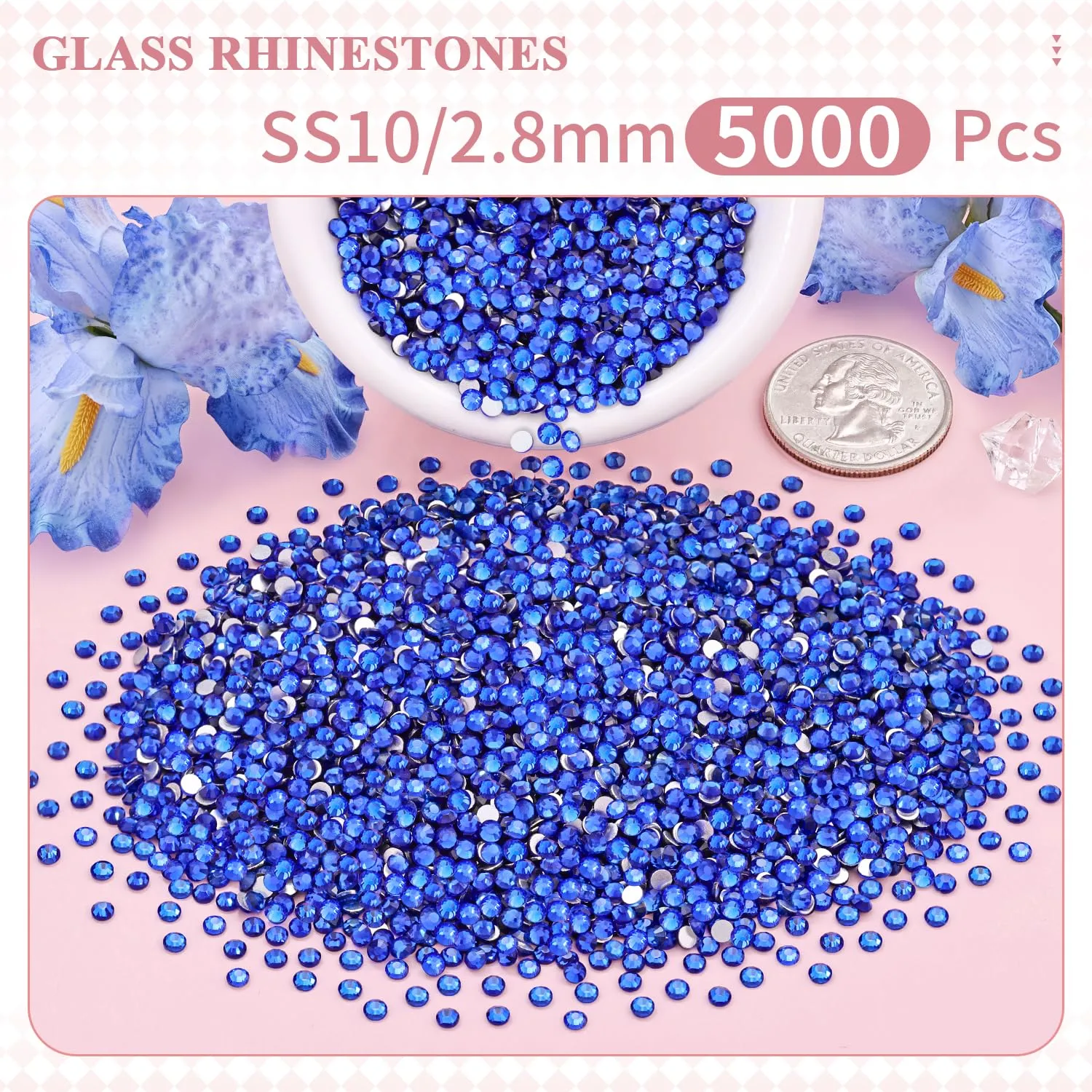 5000PCS SS10/2.8mm Crystal Rhinestones (Blue/Sapphire), Bedazzling Flatback Glass Rhinestones for Crafting DIY Nail Art Makeup Decoration, Gems Diomand Charms for Tumbler Shoes Clothing Mug