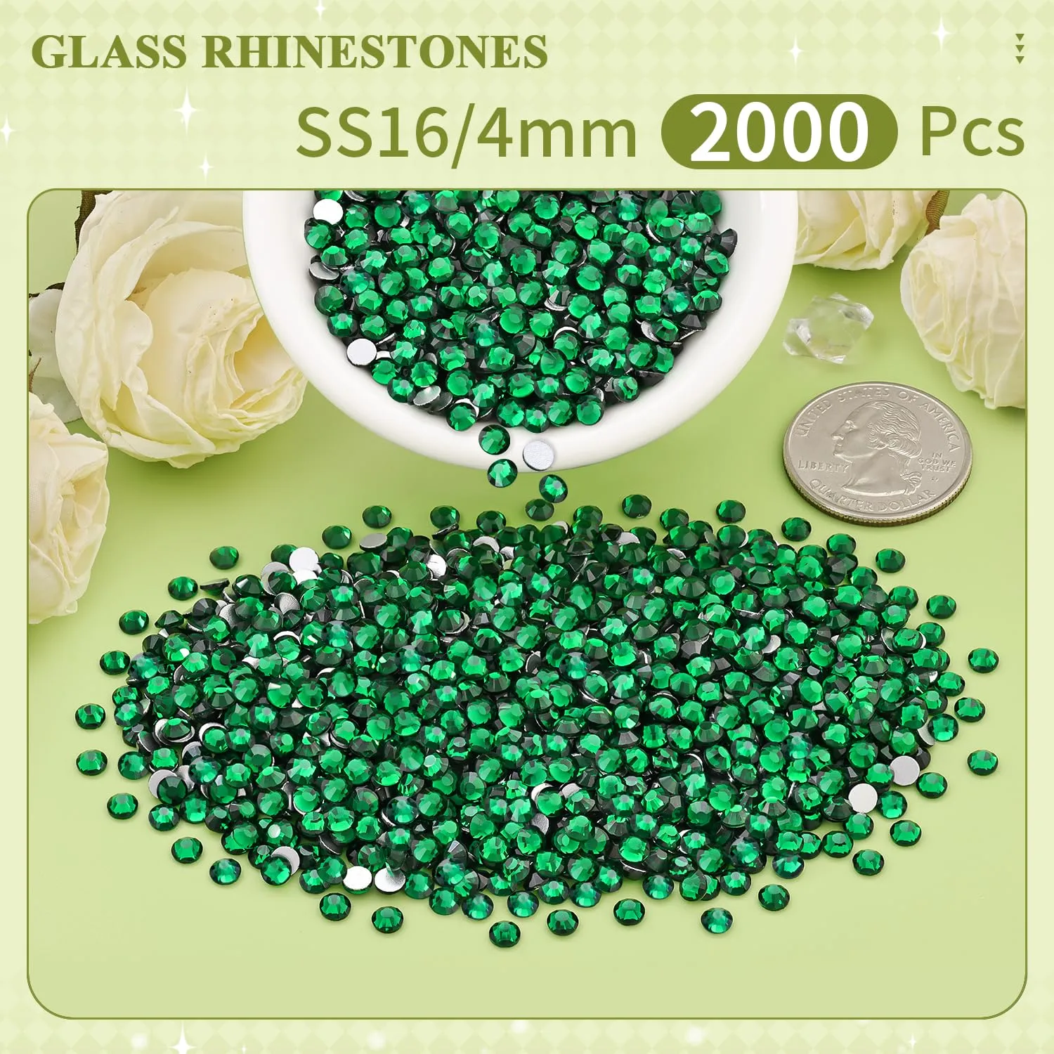 2000PCS SS16/4mm Crystal Rhinestones (Emerald Green), Bedazzling Flatback Glass Rhinestones for Crafting DIY Nail Art Makeup Decoration, Gems Diomand Charms for Tumbler Shoes Clothing Mug