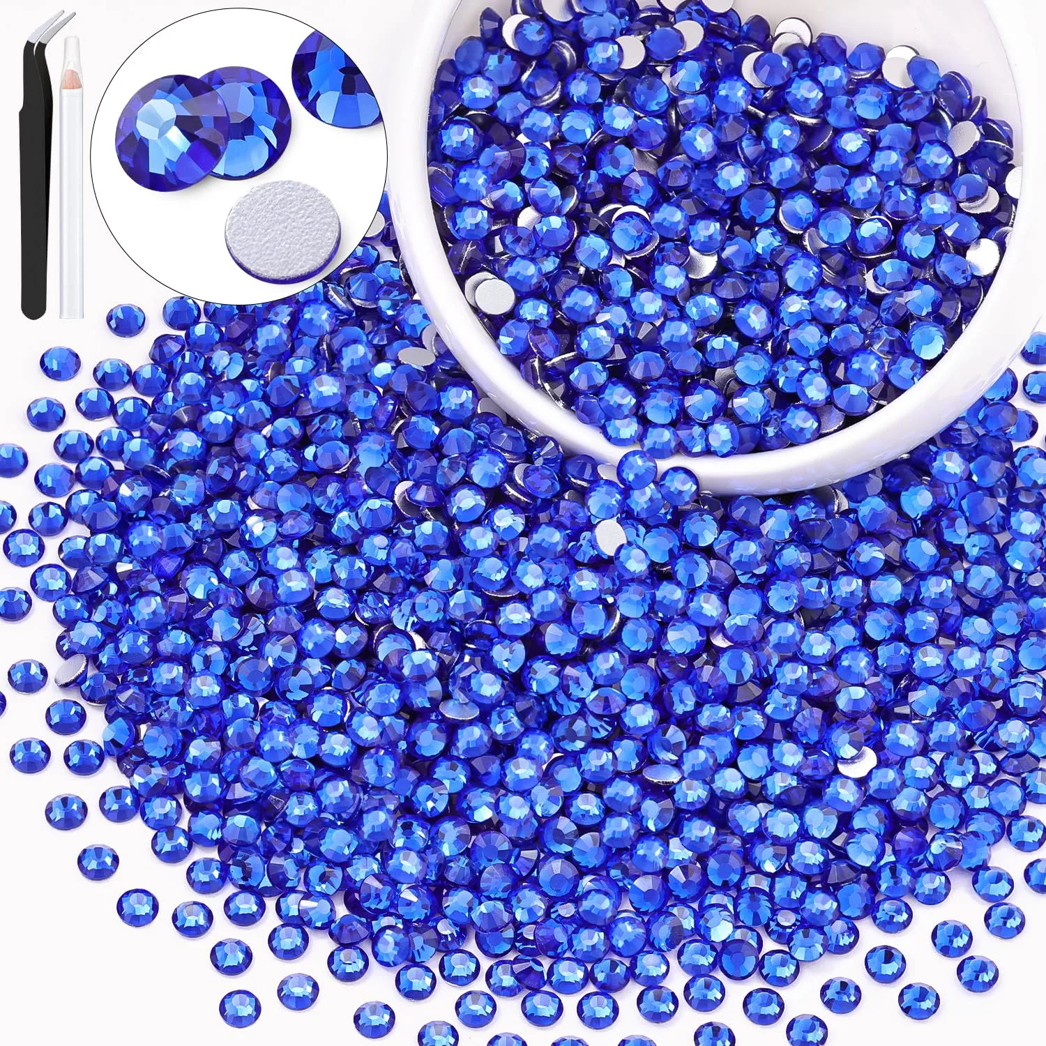 3000PCS SS20/5mm Crystal Rhinestones (Blue/Sapphire), Bedazzling Flatback Glass Rhinestones for Crafting DIY Nail Art Makeup Decoration, Gems Diomand Charms for Tumbler Shoes Clothing Mug