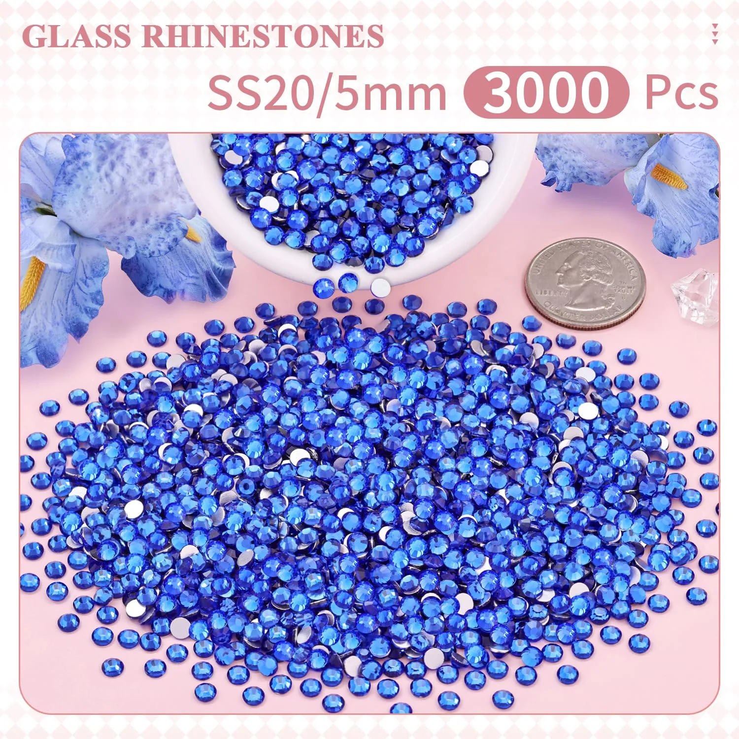 3000PCS SS20/5mm Crystal Rhinestones (Blue/Sapphire), Bedazzling Flatback Glass Rhinestones for Crafting DIY Nail Art Makeup Decoration, Gems Diomand Charms for Tumbler Shoes Clothing Mug