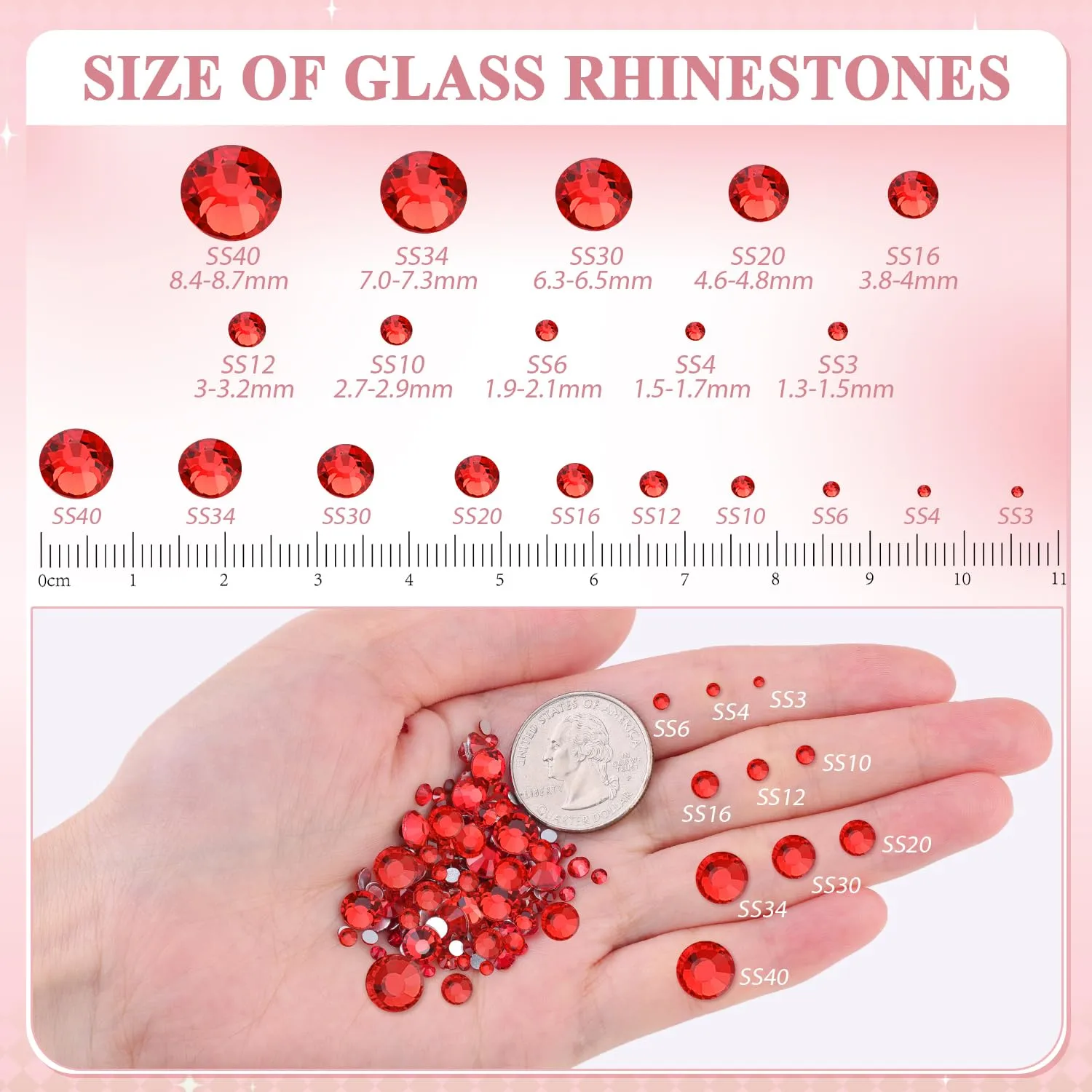 3000PCS SS20/5mm Crystal Rhinestones (Light Red/Light Siam), Bedazzling Flatback Glass Rhinestones for Crafting DIY Nail Art Makeup Decoration, Gems Diomand Charms for Tumbler Shoes Clothing Mug