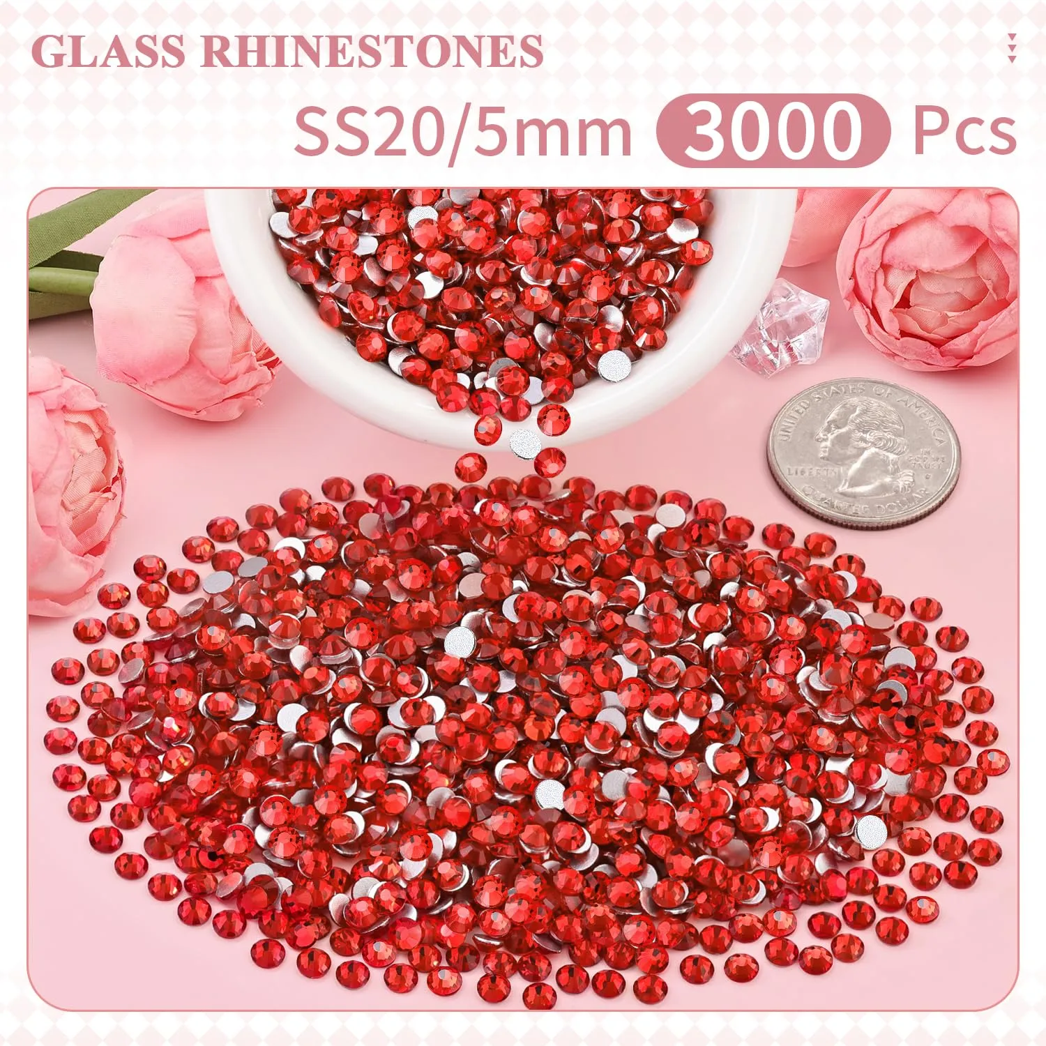 3000PCS SS20/5mm Crystal Rhinestones (Light Red/Light Siam), Bedazzling Flatback Glass Rhinestones for Crafting DIY Nail Art Makeup Decoration, Gems Diomand Charms for Tumbler Shoes Clothing Mug