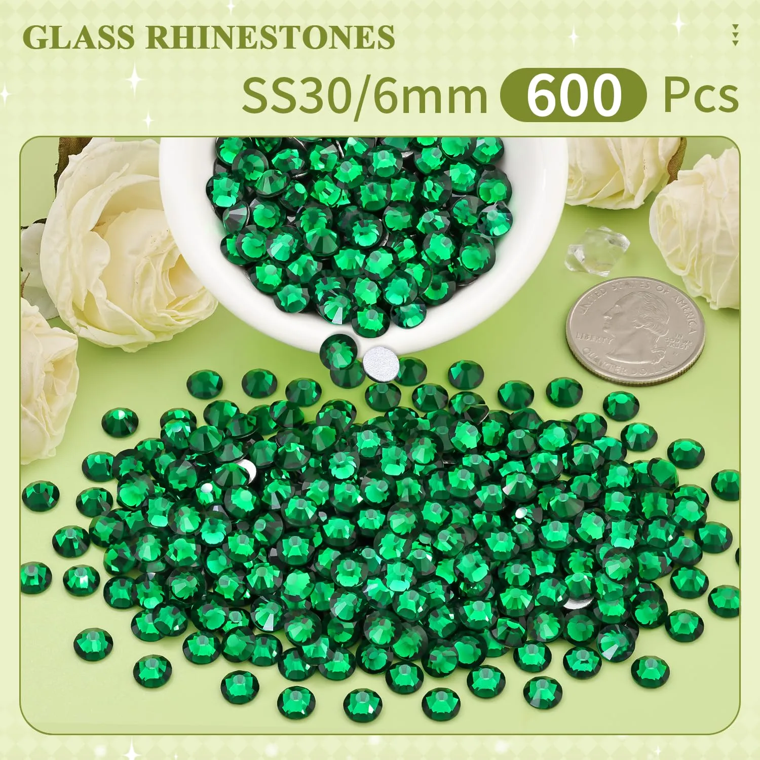 600PCS SS30/6mm Crystal Rhinestones (Emerald Green), Bedazzling Flatback Glass Rhinestones for Crafting DIY Nail Art Makeup Decoration, Gems Diomand Charms for Tumbler Shoes Clothing Mug