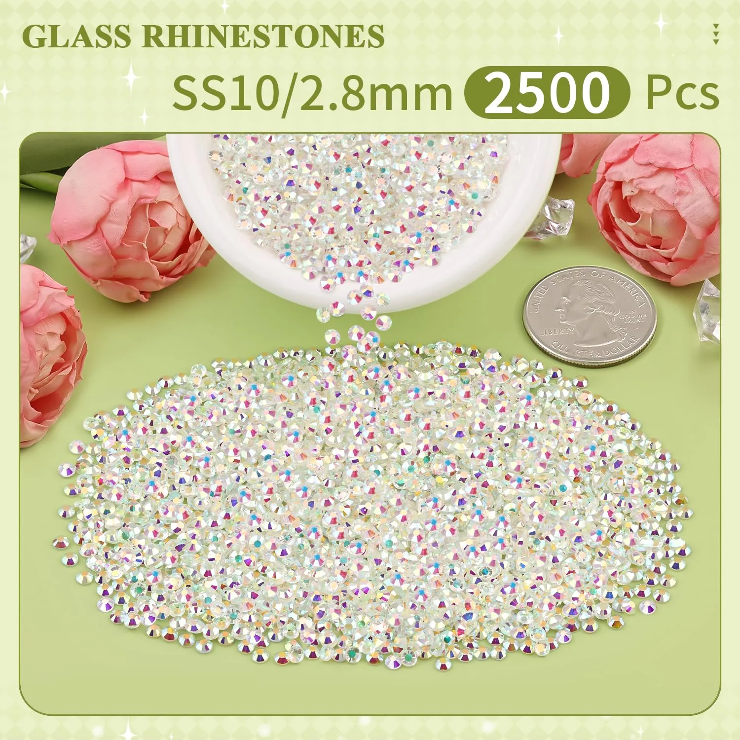2500PCS SS10/2.8mm Crystal Rhinestones (Transparent AB), Bedazzling Flatback Glass Rhinestones for Crafting DIY Nail Art Makeup Decoration, Gems Diomand Charms for Tumbler Shoes Clothing Mug