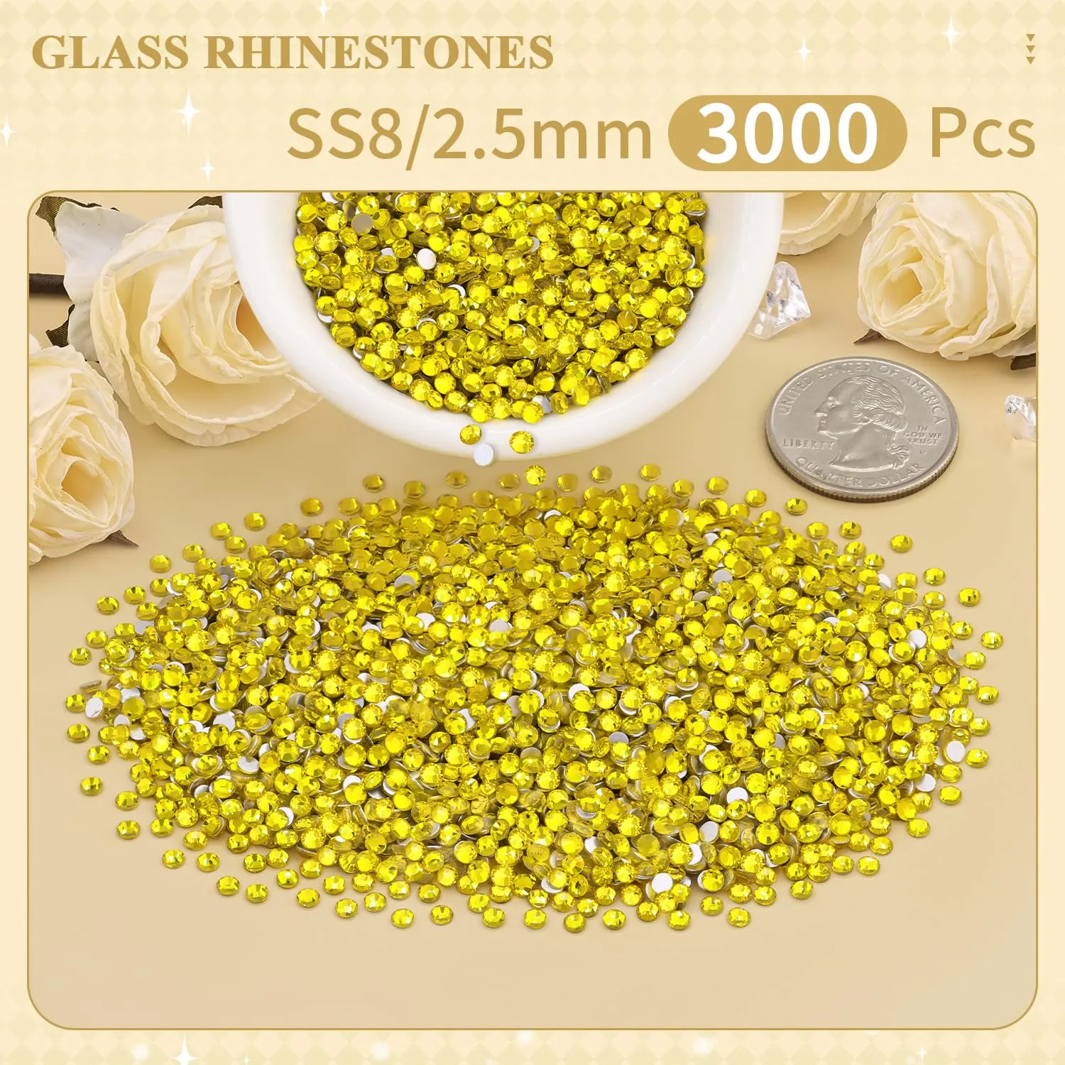 3000PCS SS8/2.5mm Crystal Rhinestones (Lemon Yellow), Bedazzling Flatback Glass Rhinestones for Crafting DIY Nail Art Makeup Decoration, Gems Diomand Charms for Tumbler Shoes Clothing Mug