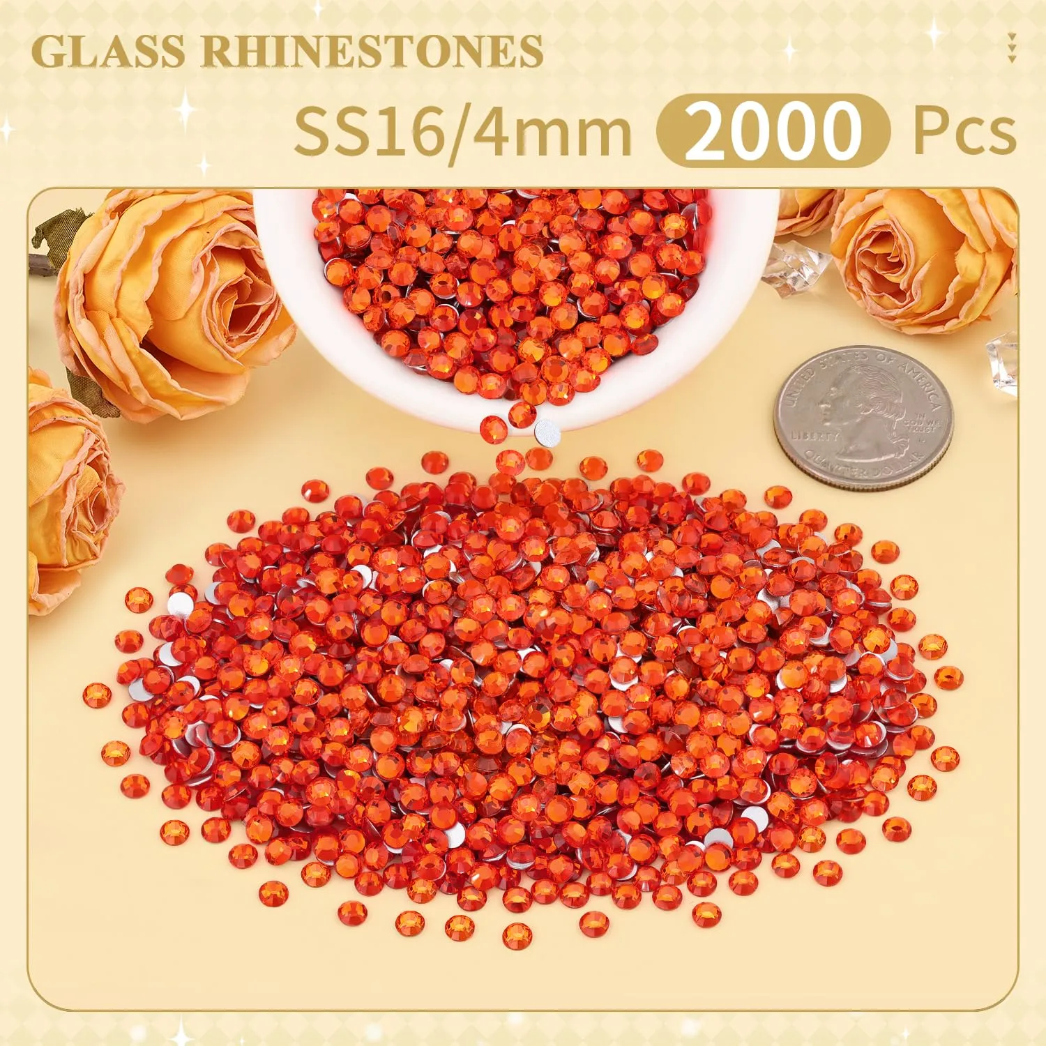 2000PCS SS16/4mm Crystal Rhinestones (Orange/Hyacinth), Bedazzling Flatback Glass Rhinestones for Crafting DIY Nail Art Makeup Decoration, Gems Diomand Charms for Tumbler Shoes Clothing Mug