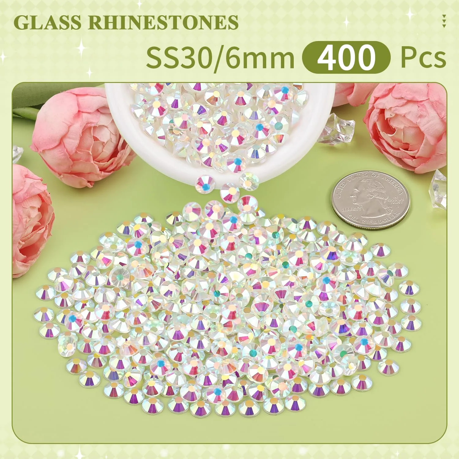 400PCS SS30/6mm Crystal Rhinestones (Transparent AB), Bedazzling Flatback Glass Rhinestones for Crafting DIY Nail Art Makeup Decoration, Gems Diomand Charms for Tumbler Shoes Clothing Mug
