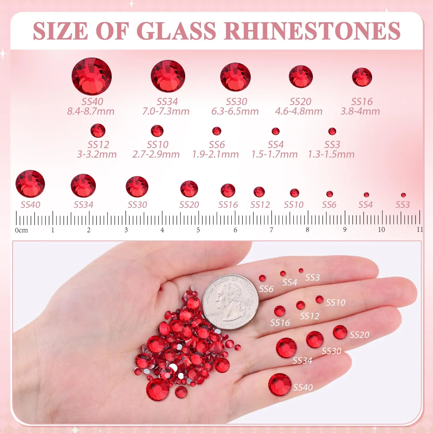 2500PCS SS10/2.8mm Crystal Rhinestones (Red/Siam), Bedazzling Flatback Glass Rhinestones for Crafting DIY Nail Art Makeup Decoration, Gems Diomand Charms for Tumbler Shoes Clothing Mug