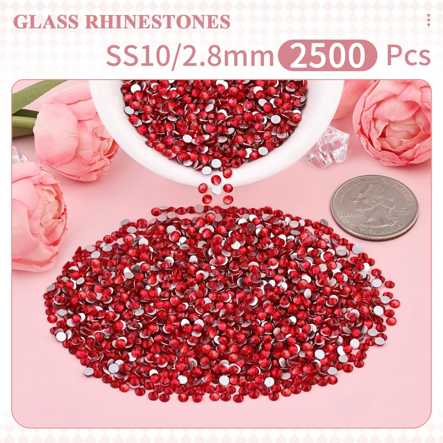 2500PCS SS10/2.8mm Crystal Rhinestones (Red/Siam), Bedazzling Flatback Glass Rhinestones for Crafting DIY Nail Art Makeup Decoration, Gems Diomand Charms for Tumbler Shoes Clothing Mug