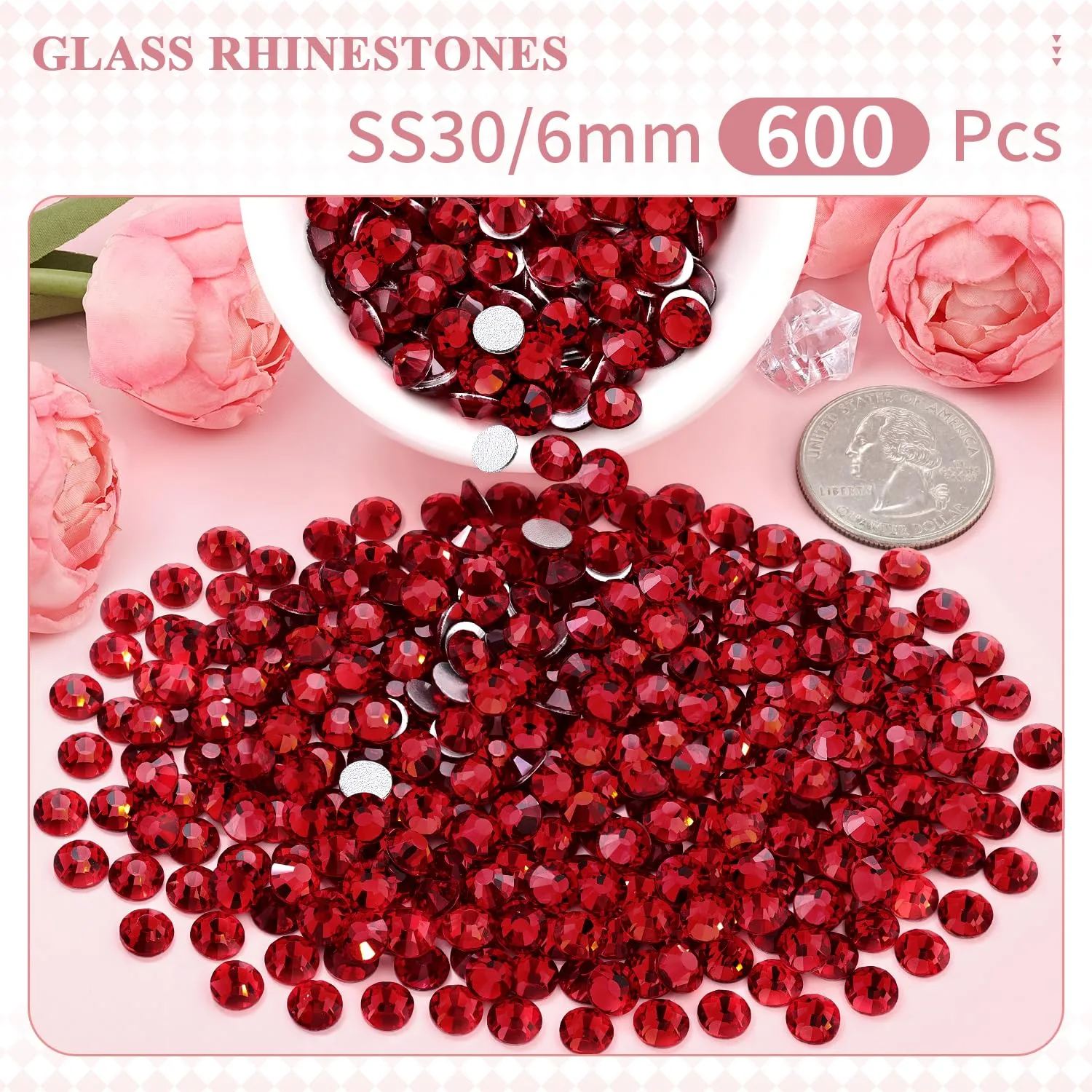 600PCS SS30/6mm Crystal Rhinestones (Dark Siam), Bedazzling Flatback Glass Rhinestones for Crafting DIY Nail Art Makeup Decoration, Gems Diomand Charms for Tumbler Shoes Clothing Mug