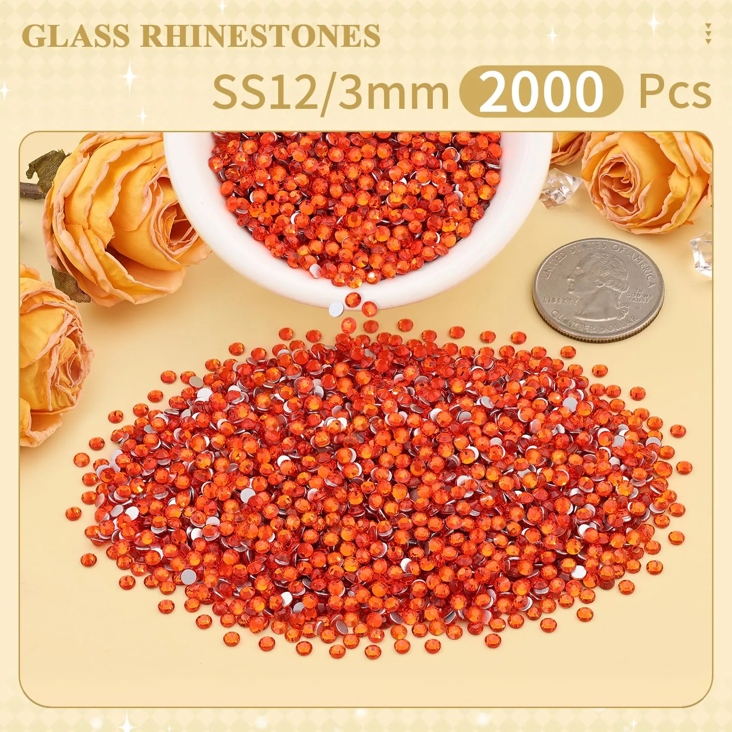 2000PCS SS12/3mm Crystal Rhinestones (Orange/Hyacinth), Bedazzling Flatback Glass Rhinestones for Crafting DIY Nail Art Makeup Decoration, Gems Diomand Charms for Tumbler Shoes Clothing Mug