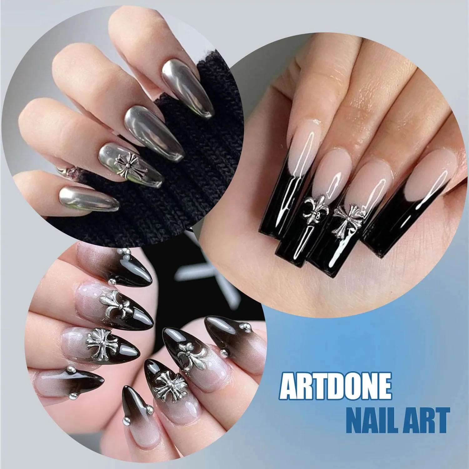 Artdone Nail Art Studs Kit, 3D Silver Cross Nail Charms and Star Gems Bulk Nail Jewels Shiny Crosses for DIY Professional Manicures Decoration