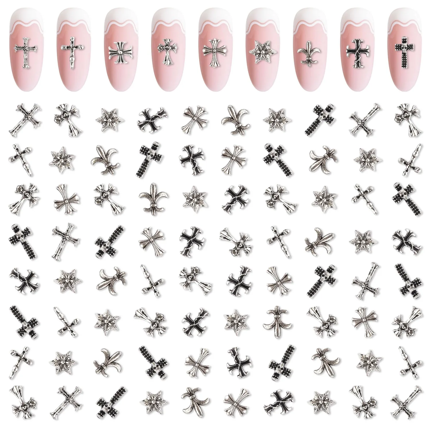 Artdone Nail Art Studs Kit, 3D Silver Cross Nail Charms and Star Gems Bulk Nail Jewels Shiny Crosses for DIY Professional Manicures Decoration