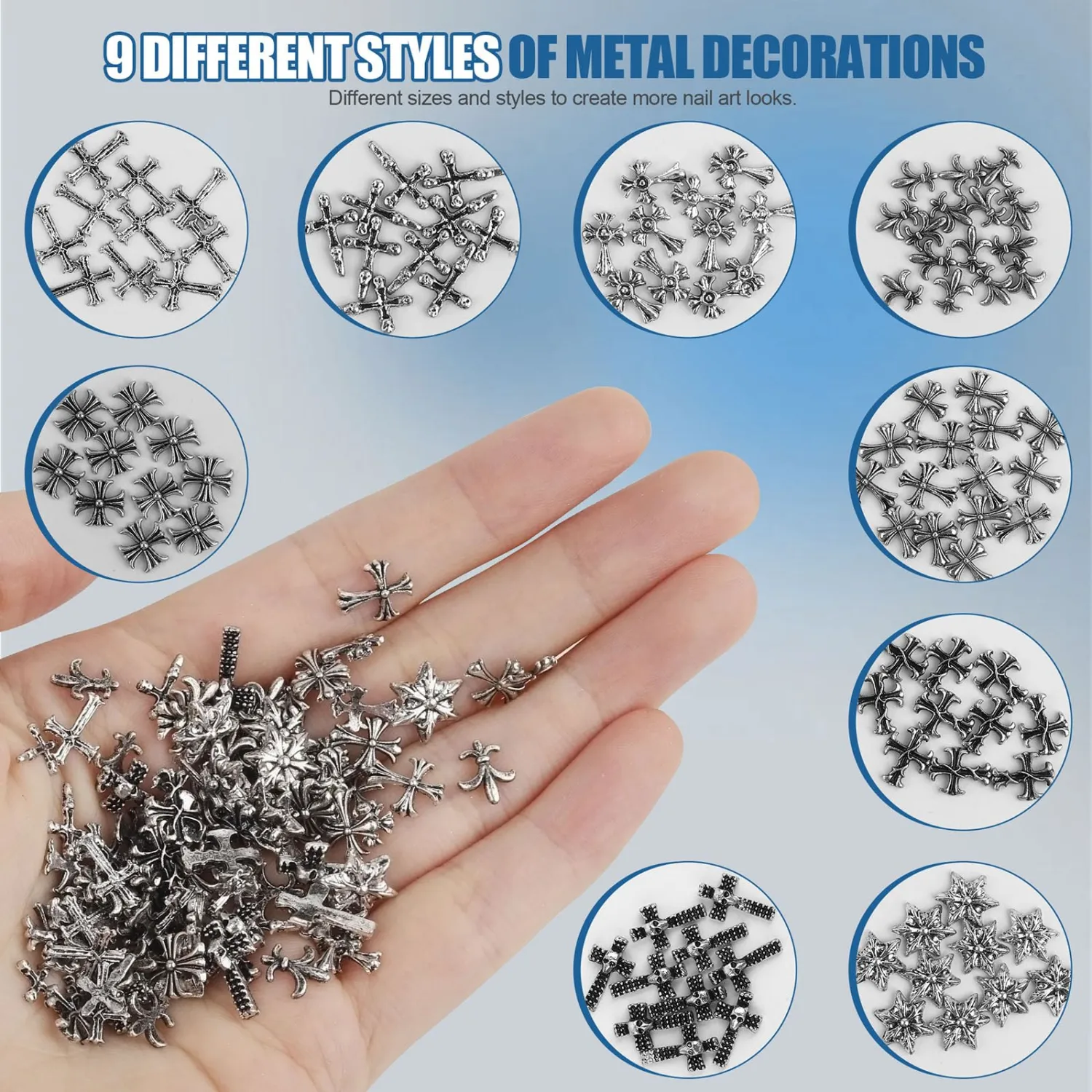 Artdone Nail Art Studs Kit, 3D Silver Cross Nail Charms and Star Gems Bulk Nail Jewels Shiny Crosses for DIY Professional Manicures Decoration
