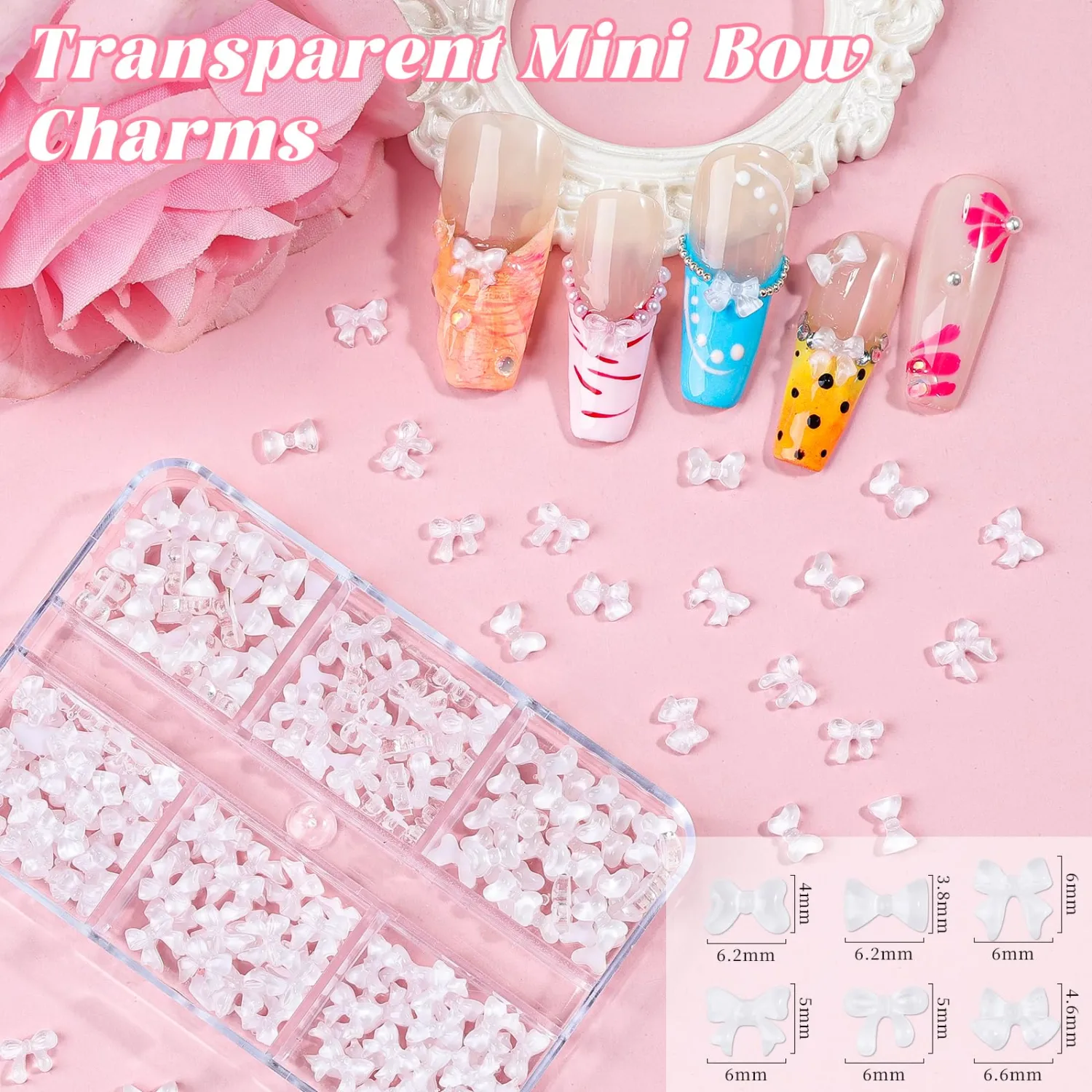 4 Boxes 3D Bow & Flower Nail Charms and Gems, Transparent/Solid Mini Bow Charms White Flowers Clear Rhinestones White Pearls Aurora Bubble Beads Gold/Silver Caviar Beads with Pickup Tools