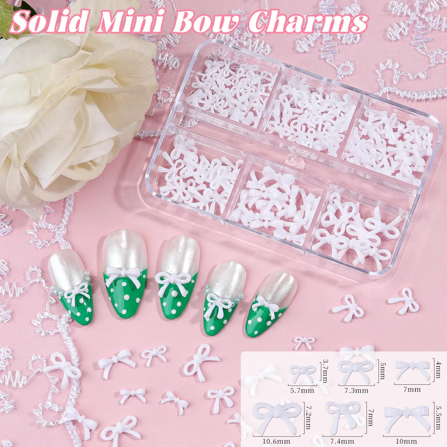 4 Boxes 3D Bow & Flower Nail Charms and Gems, Transparent/Solid Mini Bow Charms White Flowers Clear Rhinestones White Pearls Aurora Bubble Beads Gold/Silver Caviar Beads with Pickup Tools