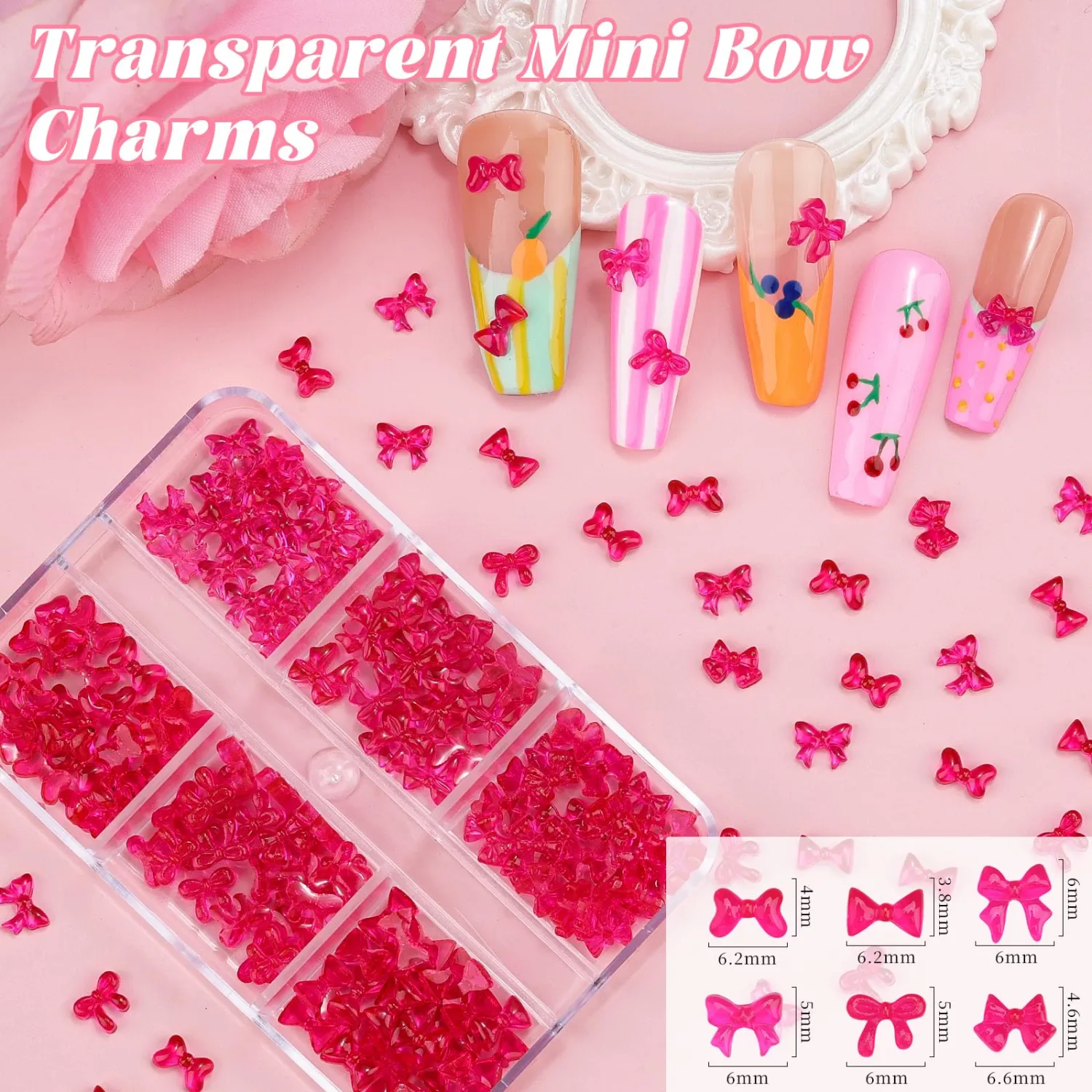 2 Boxes 3D Bow Nail Charms, Rose Mini Bow Charms Transparent/Solid Resin Bow with Pickup Tools for Women Nail Decorations DIY Craft