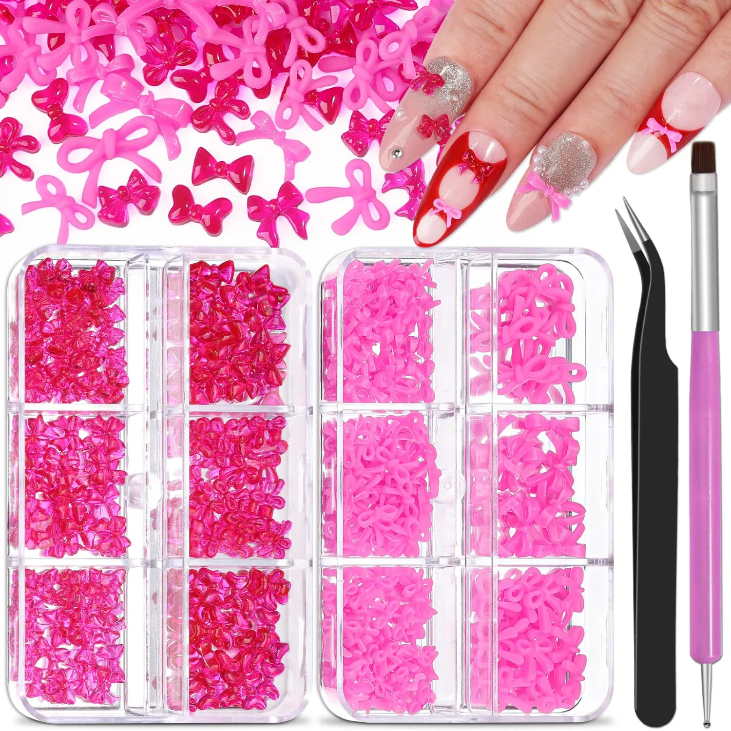 2 Boxes 3D Bow Nail Charms, Rose Mini Bow Charms Transparent/Solid Resin Bow with Pickup Tools for Women Nail Decorations DIY Craft