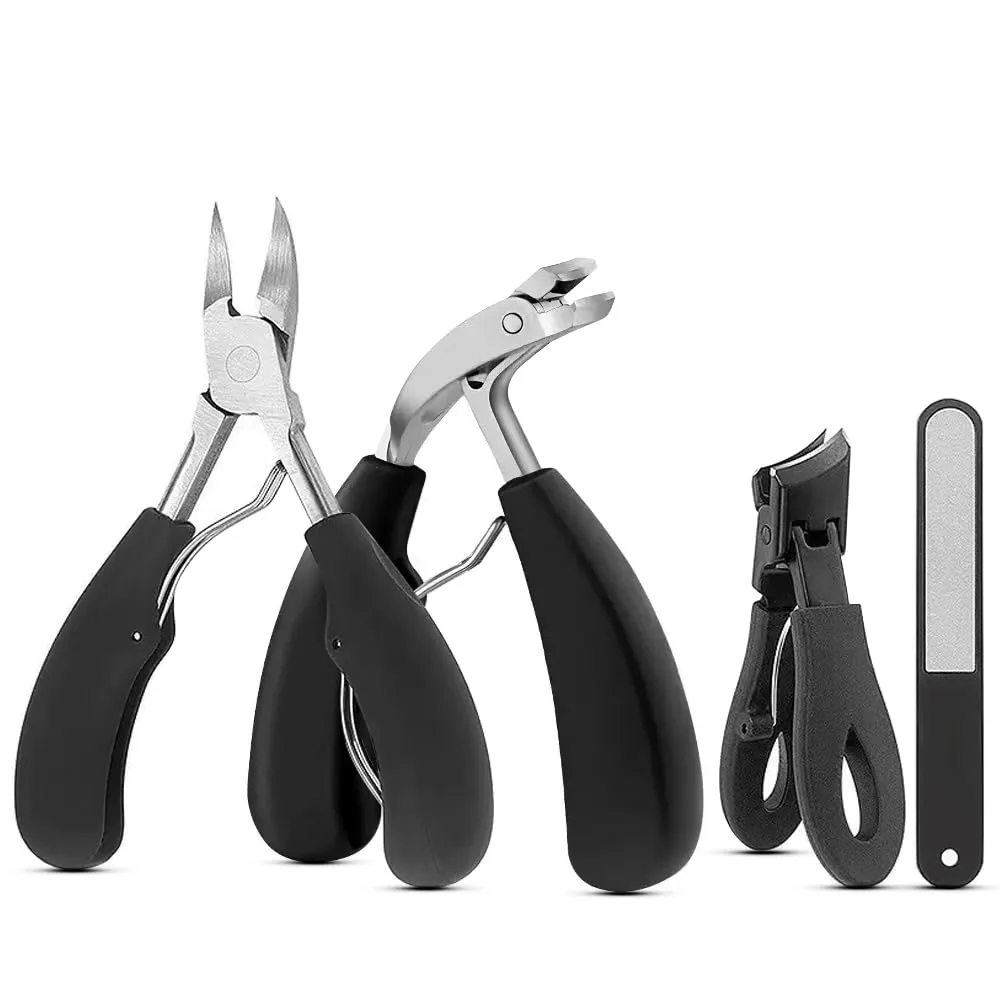 4Pcs Toenail Clipper and Fingernail Clipper Set，Heavy Duty Ingrown Nail Clippers Adult Thick Nails Long Handle (Black)