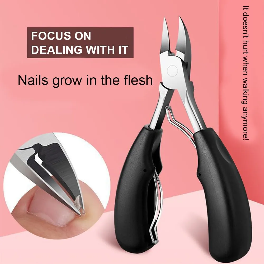 4Pcs Toenail Clipper and Fingernail Clipper Set，Heavy Duty Ingrown Nail Clippers Adult Thick Nails Long Handle (Black)