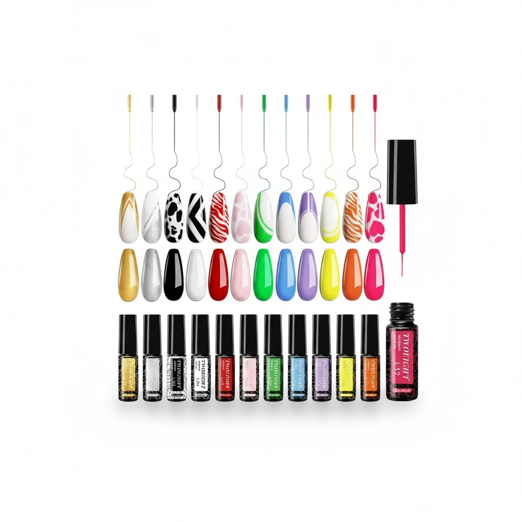 TWOEIGHT Gel Nail Polish Liner Nail Art 12 Colors 8ml UV Lamp Soak-off Polishes Pigmented White Red Pink Green Gold Glitter Built Thin Brush in Bottle Manicure DIY at Home Salon Quality Gift for Women