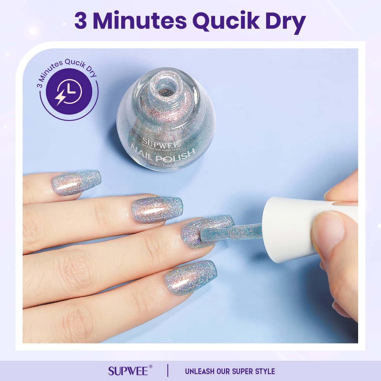 Glitter Nail Polish Quick Dry Finger Nail Polish Non Gel High Glossy Shiny Shimmer Nails Laquer Oil-based Holo Fingernail Air Dry Fast Manicure Gift For Women Girls 16ml, 0.54fl oz