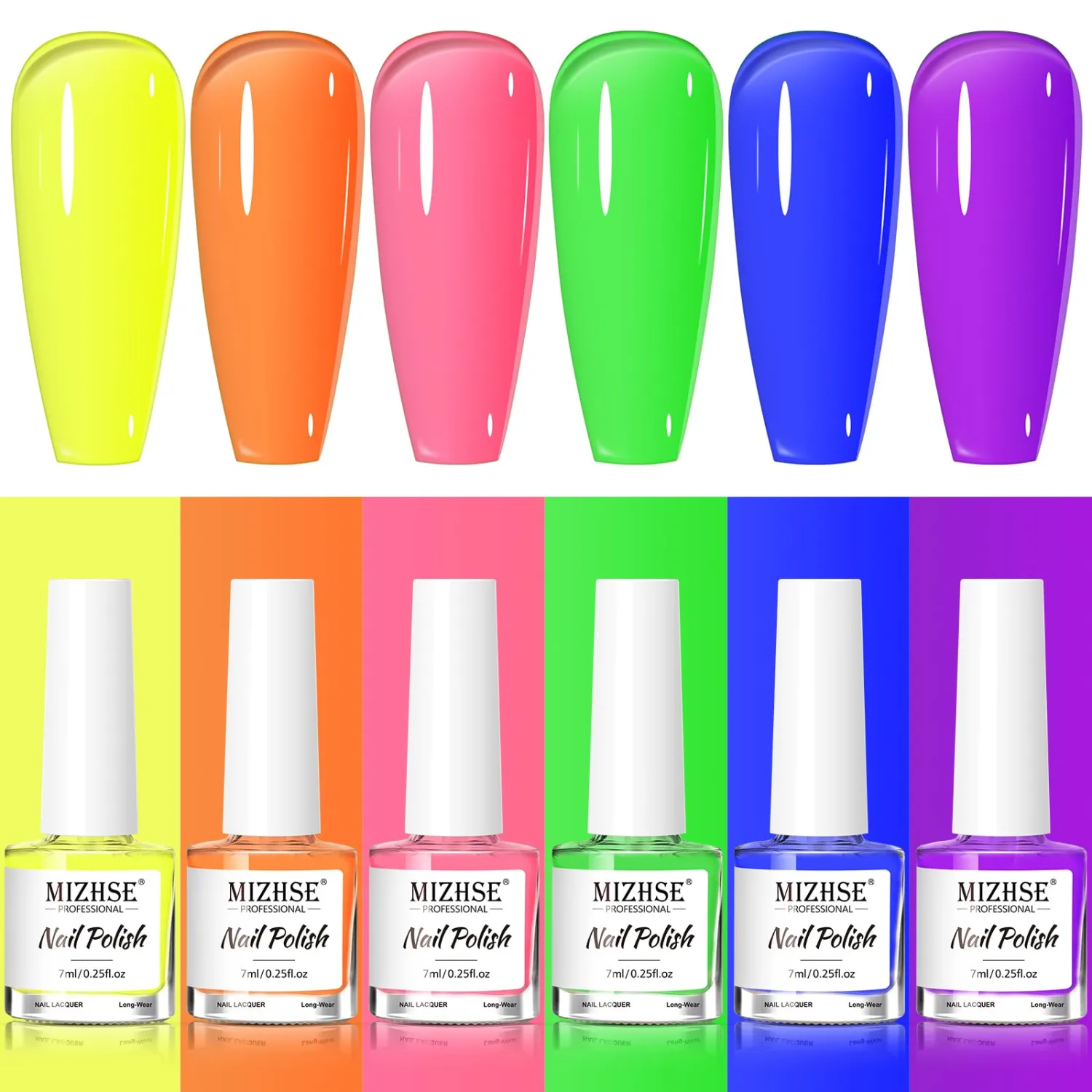 MIZHSE Quick Dry Nail Polish Set: Neon Colors Nail Polish Air Dry Fast, Fluorescent Fingernail Polish Non-Gel Yellow Orange Green Fast Drying Nail Lacquer Gift for Women Girls