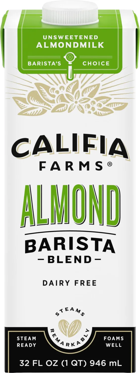 Califia Farms - Unsweetened Almond Barista Blend Almond Milk, 32 Oz, Shelf Stable, Dairy Free, Plant Based, Vegan, Gluten Free, Non GMO, Sugar Free, Milk Frother, Creamer