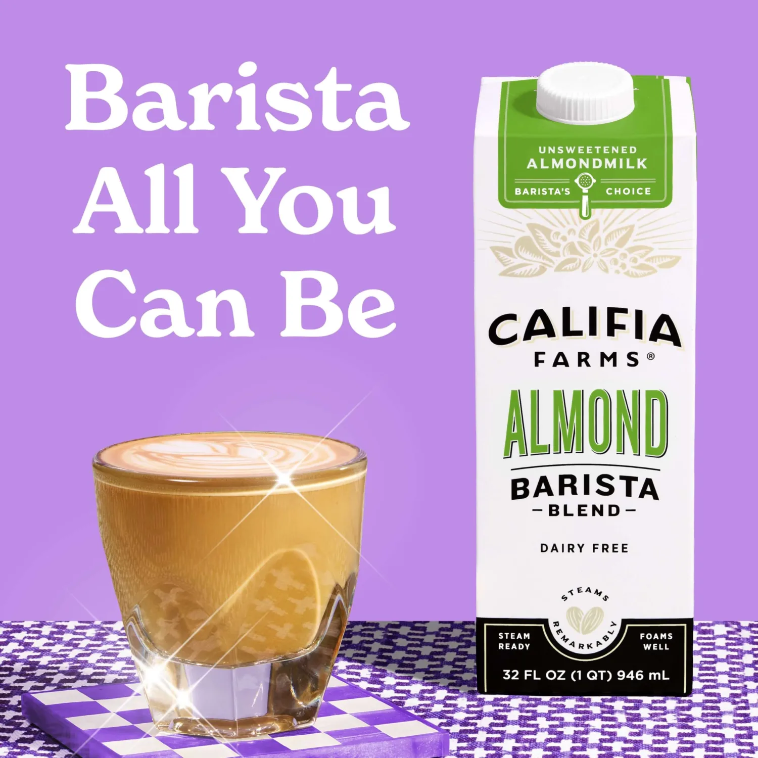 Califia Farms - Unsweetened Almond Barista Blend Almond Milk, 32 Oz, Shelf Stable, Dairy Free, Plant Based, Vegan, Gluten Free, Non GMO, Sugar Free, Milk Frother, Creamer