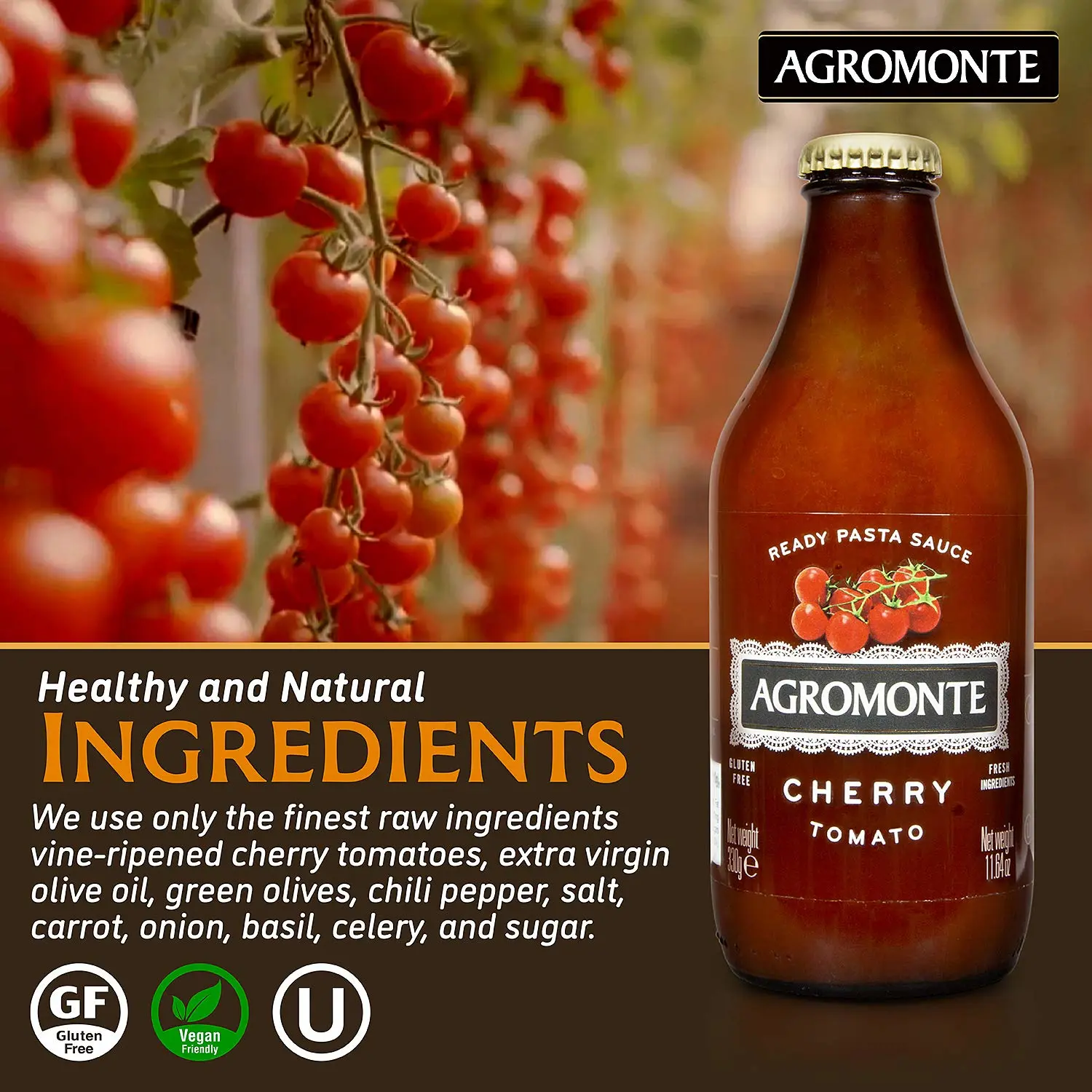 Agromonte Authentic Italian Cherry Tomato Pasta Sauce (Classic)- Taste of Italy Gourmet Foodie and Chef Gift - Ready to Use, Certified Kosher, Gluten-Free, All Natural 11.64oz (2 pack)