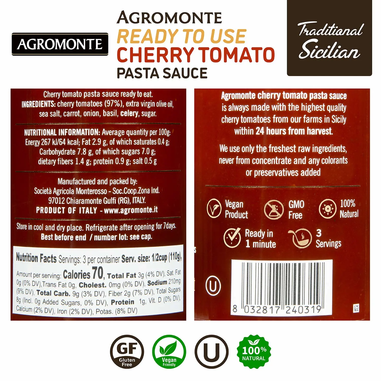 Agromonte Authentic Italian Cherry Tomato Pasta Sauce (Classic)- Taste of Italy Gourmet Foodie and Chef Gift - Ready to Use, Certified Kosher, Gluten-Free, All Natural 11.64oz (2 pack)