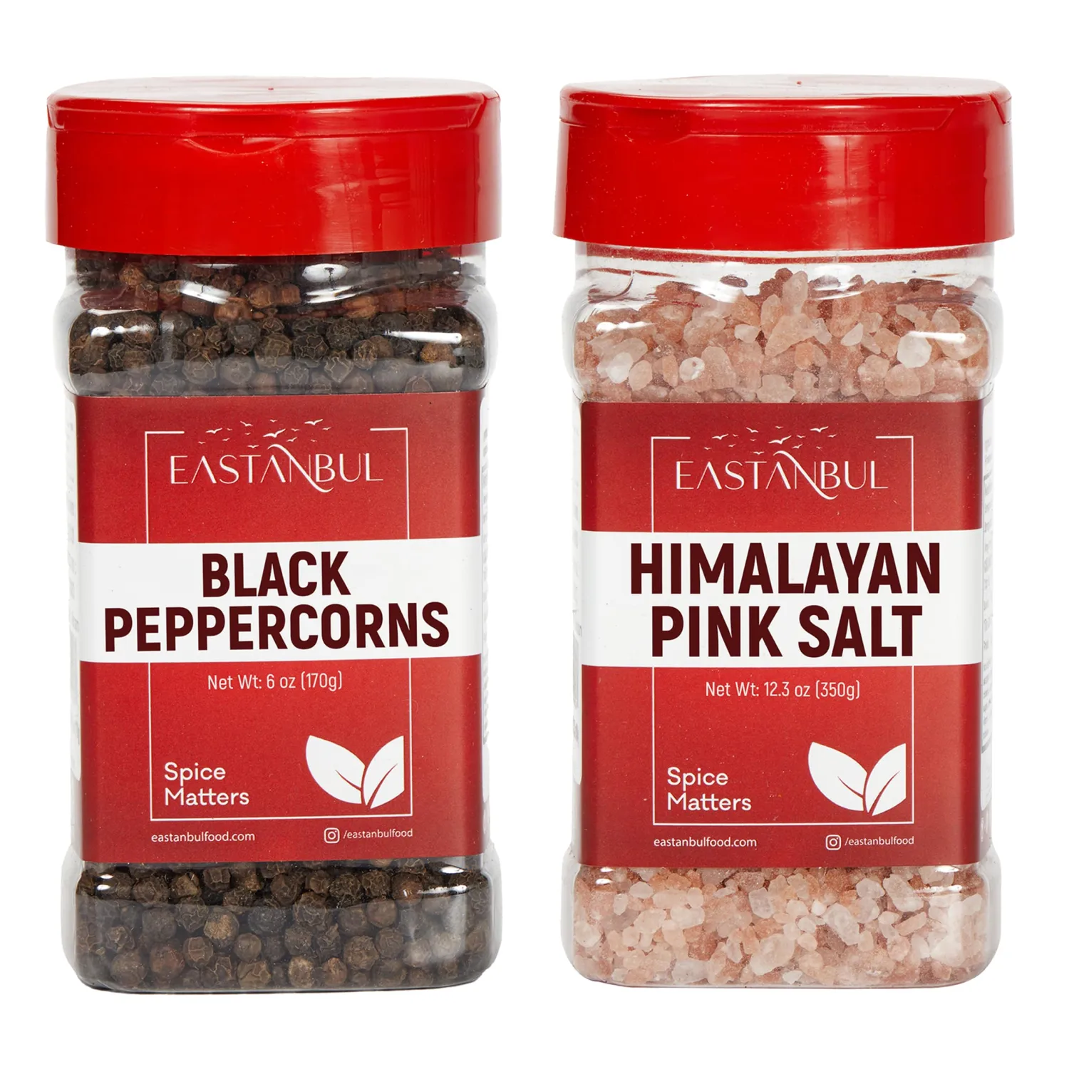 Eastanbul Spice Buddies Whole Black Peppercorns 6oz + Pink Himalayan Salt 12.3oz, Black Peppercorns for Grinder Refill + Coarse Salt For Grinder Refill, Coarse Salt and Pepper For Grinder Refill