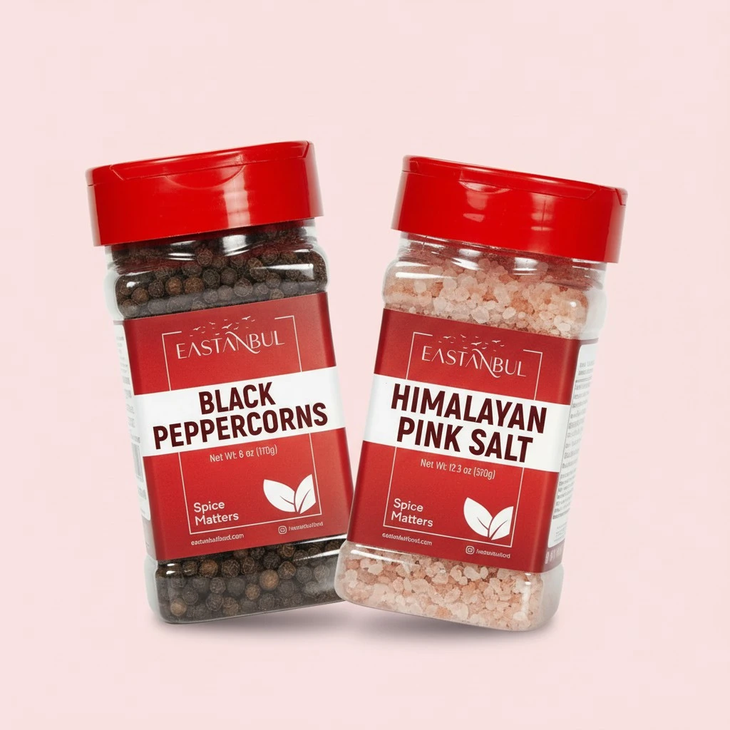 Eastanbul Spice Buddies Whole Black Peppercorns 6oz + Pink Himalayan Salt 12.3oz, Black Peppercorns for Grinder Refill + Coarse Salt For Grinder Refill, Coarse Salt and Pepper For Grinder Refill