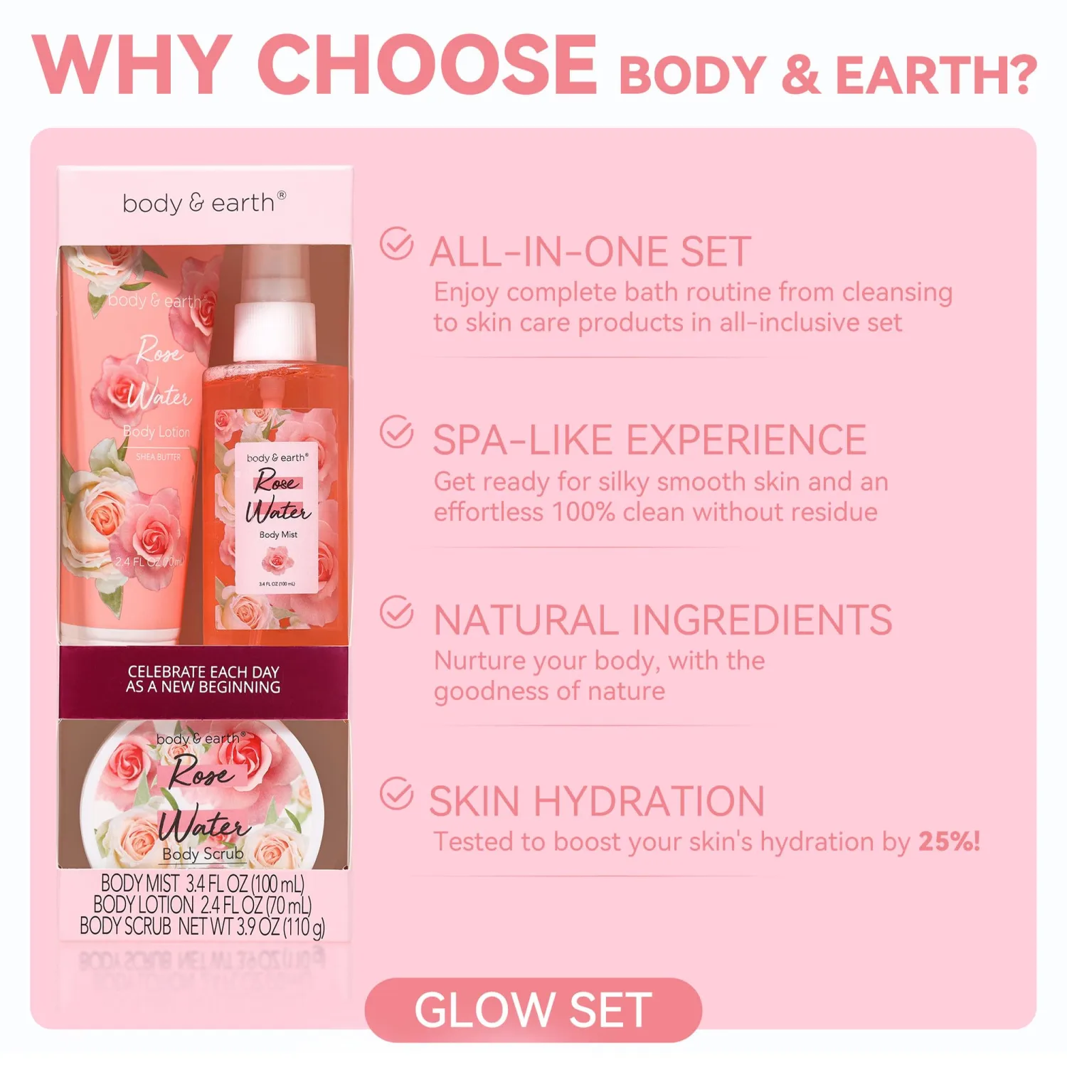 Body & Earth Gift Set - Spa Sets for Women, Perfume, Body Lotion, and Scrub in a Rose Water Box - Perfect Birthday Gifts for Mom Girlfriend Her