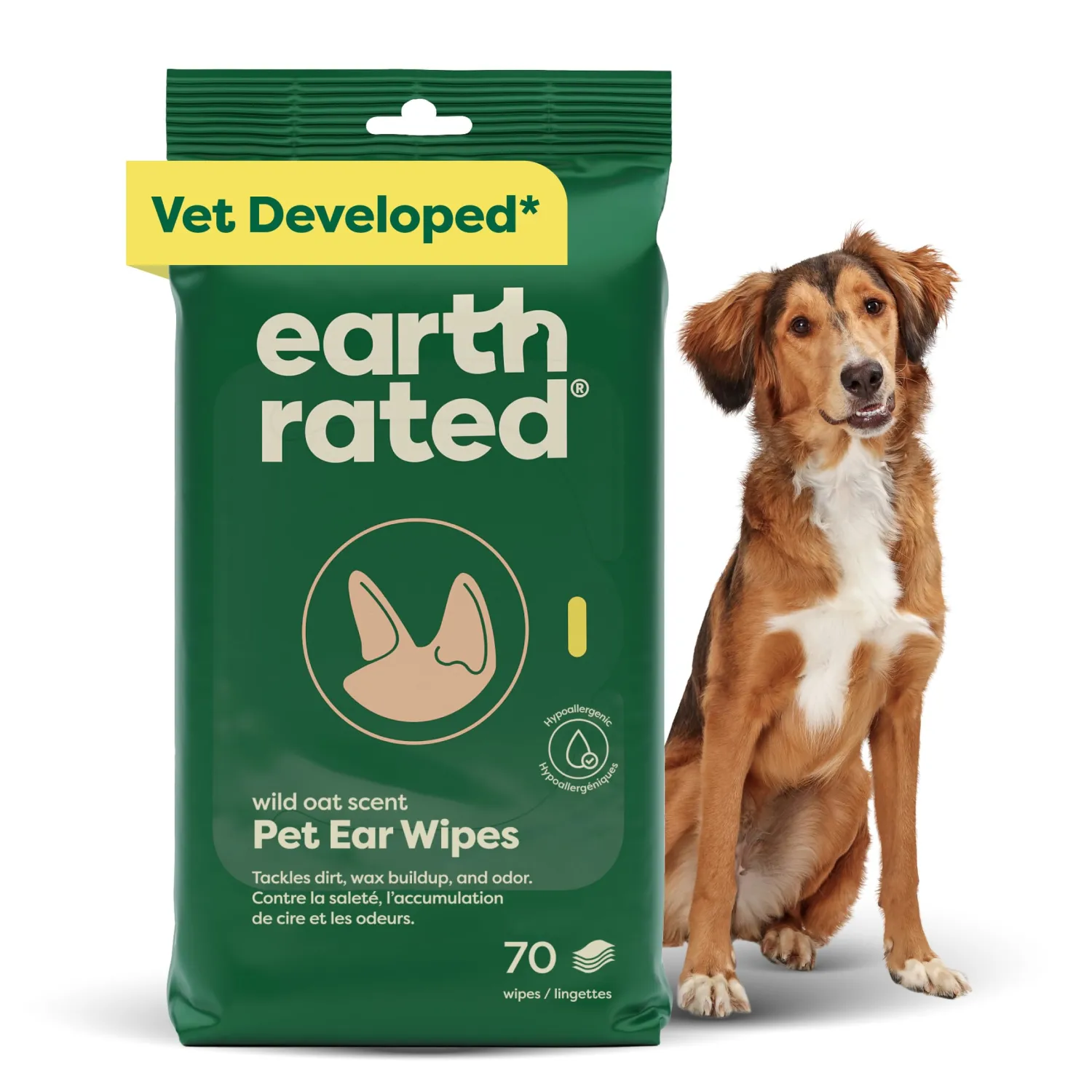 Earth Rated Vet-Developed Pet Ear Wipes, Hypoallergenic Cleaner for Dogs & Cats Ears to Remove Dirt and Wax Build Up, Wild Oat Scent, 70 Count