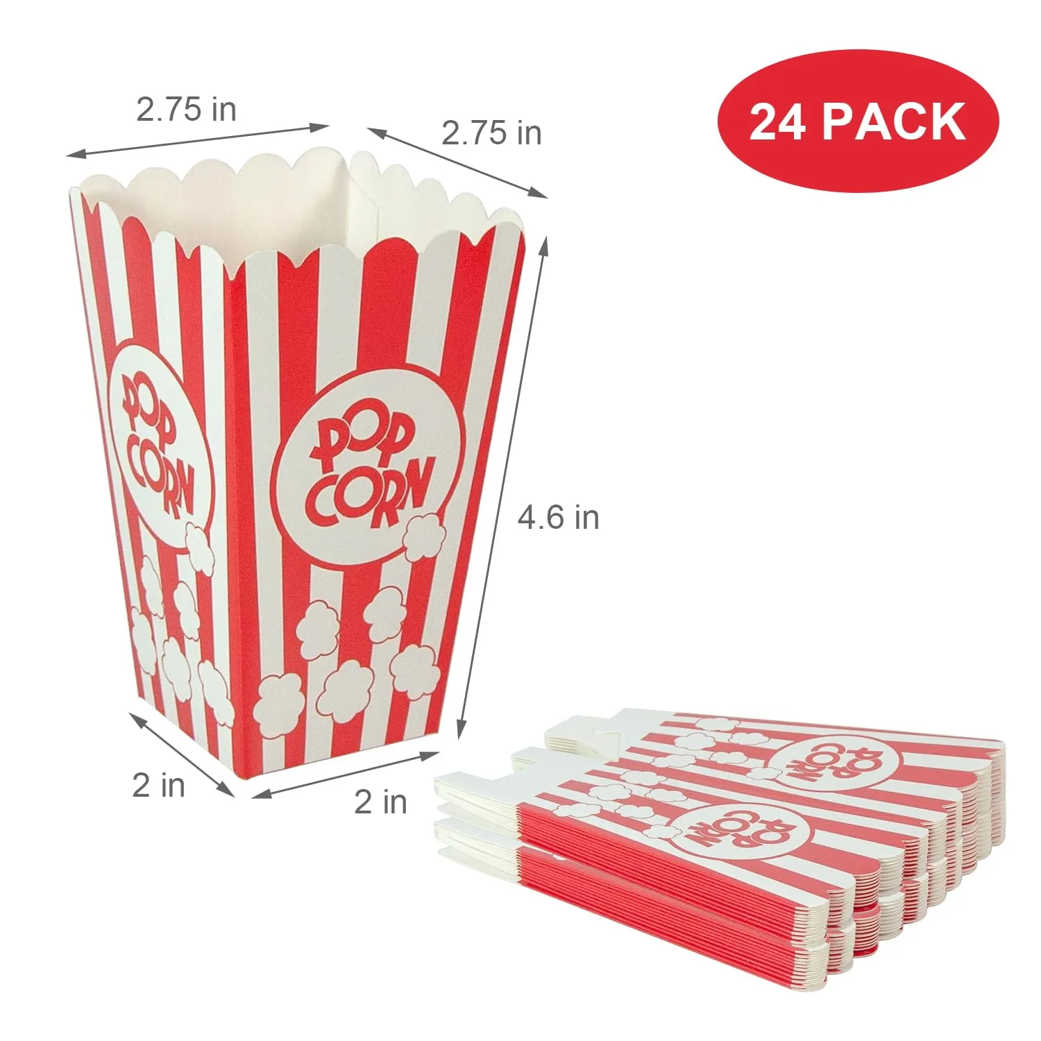 24 Pack Striped Popcorn Boxes - Carnival Parties Mini Paper Popcorn and Candy Containers, Party Supplies for Movie Nights (pop corn)