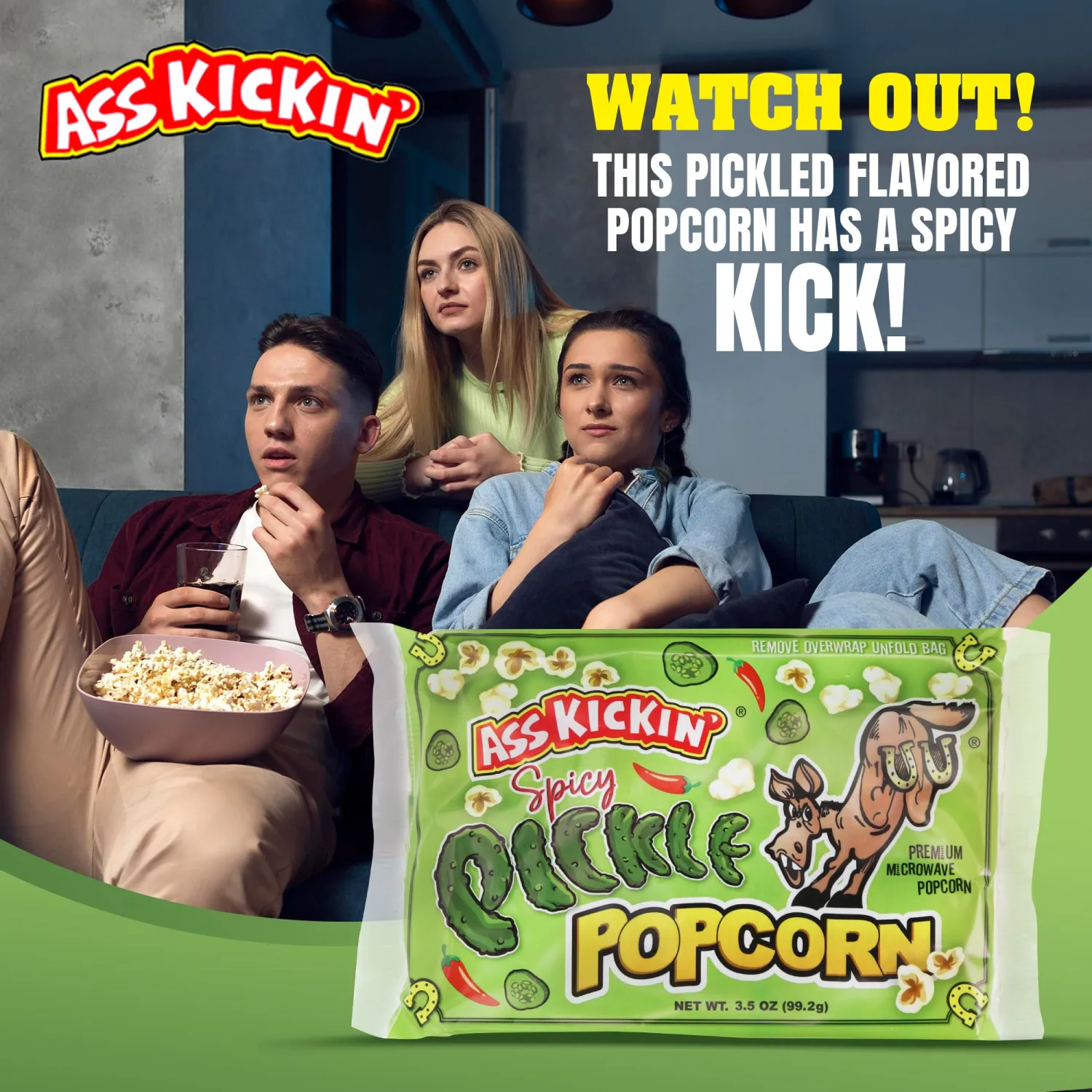 ASS KICKIN' Spicy Pickle Microwave Popcorn Bags - 6 Pack - Ultimate Spicy Pickle Gourmet Popcorn Gift - Makes a Great Movie Theater Popcorn or Snack Food for Movie Night (6)