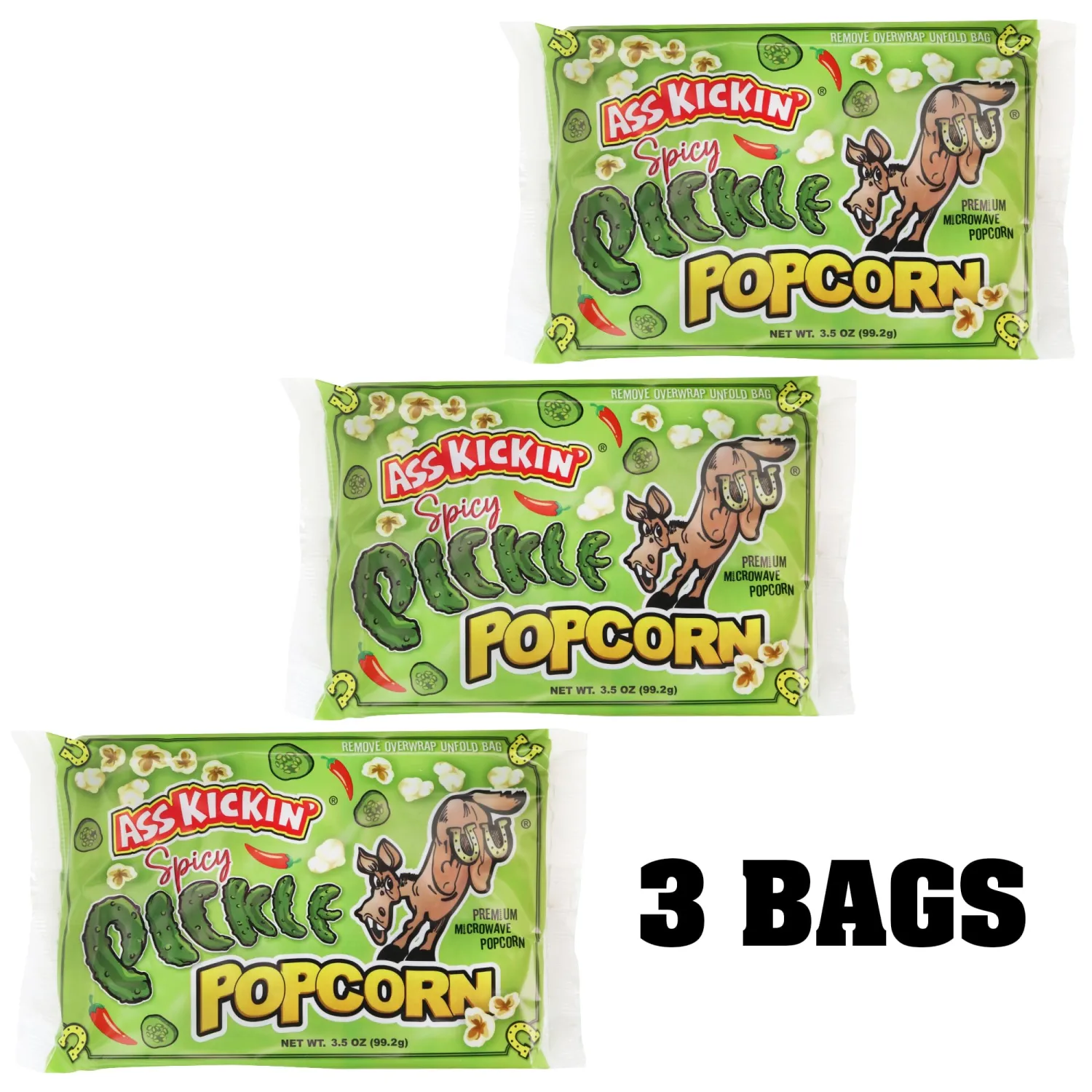 ASS KICKIN' Spicy Pickle Microwave Popcorn Bags - 6 Pack - Ultimate Spicy Pickle Gourmet Popcorn Gift - Makes a Great Movie Theater Popcorn or Snack Food for Movie Night (6)