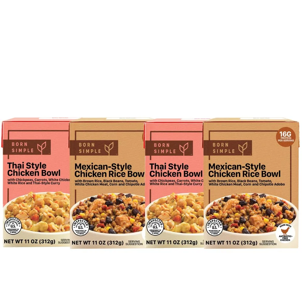 Born Simple Variety Pack – 4-Pack of Prepared Meals | Includes 2 Thai Style Chicken & 2 Mexican-Style Chicken Bowls | Ready-to-Eat, Premium Ingredients