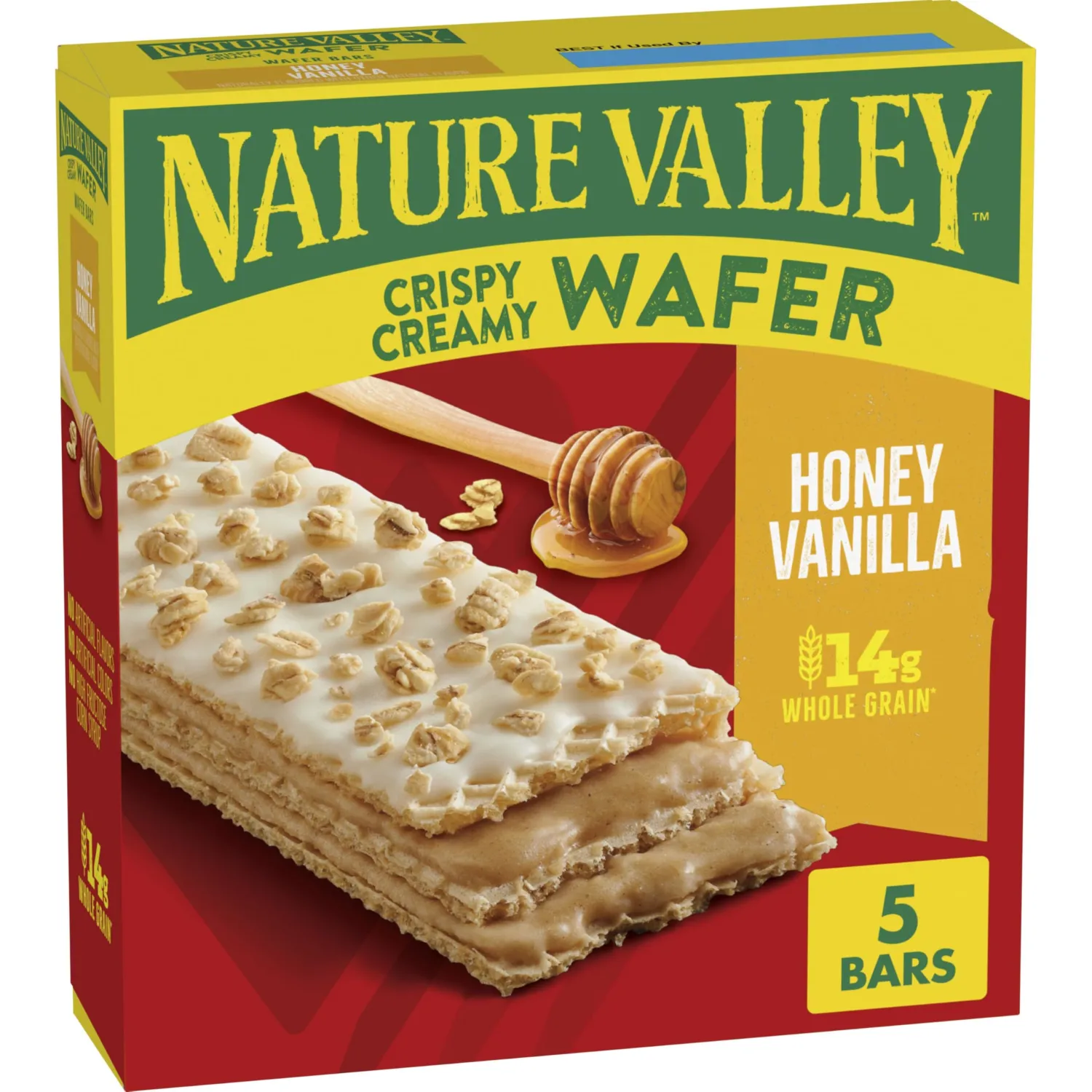 Nature Valley Honey Vanilla Crispy Creamy Wafer Bar, 5 ct, 6.5 oz | Crispy Wafer Layers, Honey Vanilla Filling, Granola Topping, 14g Whole Grain per Serving